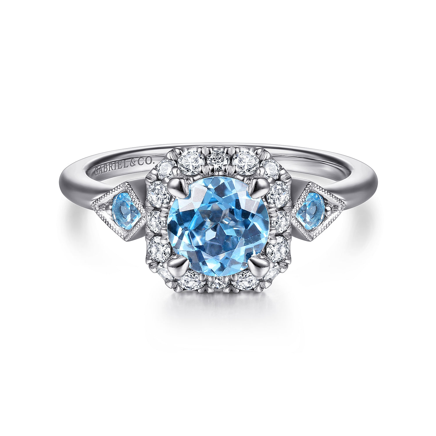 14K White Gold Three Stone Blue Topaz and Diamond Halo Ring