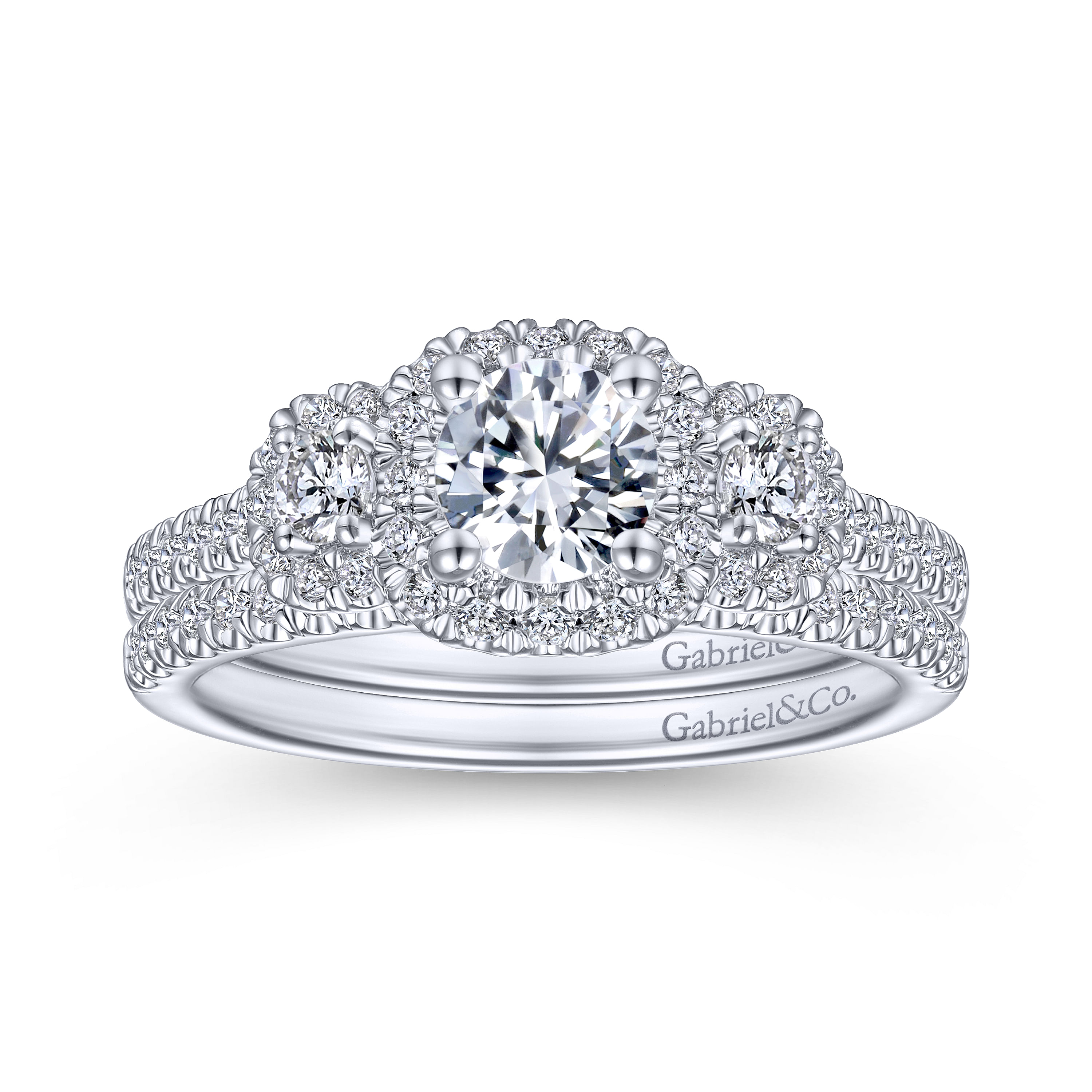 14K White Gold Three Stone Halo Diamond Engagement Ring