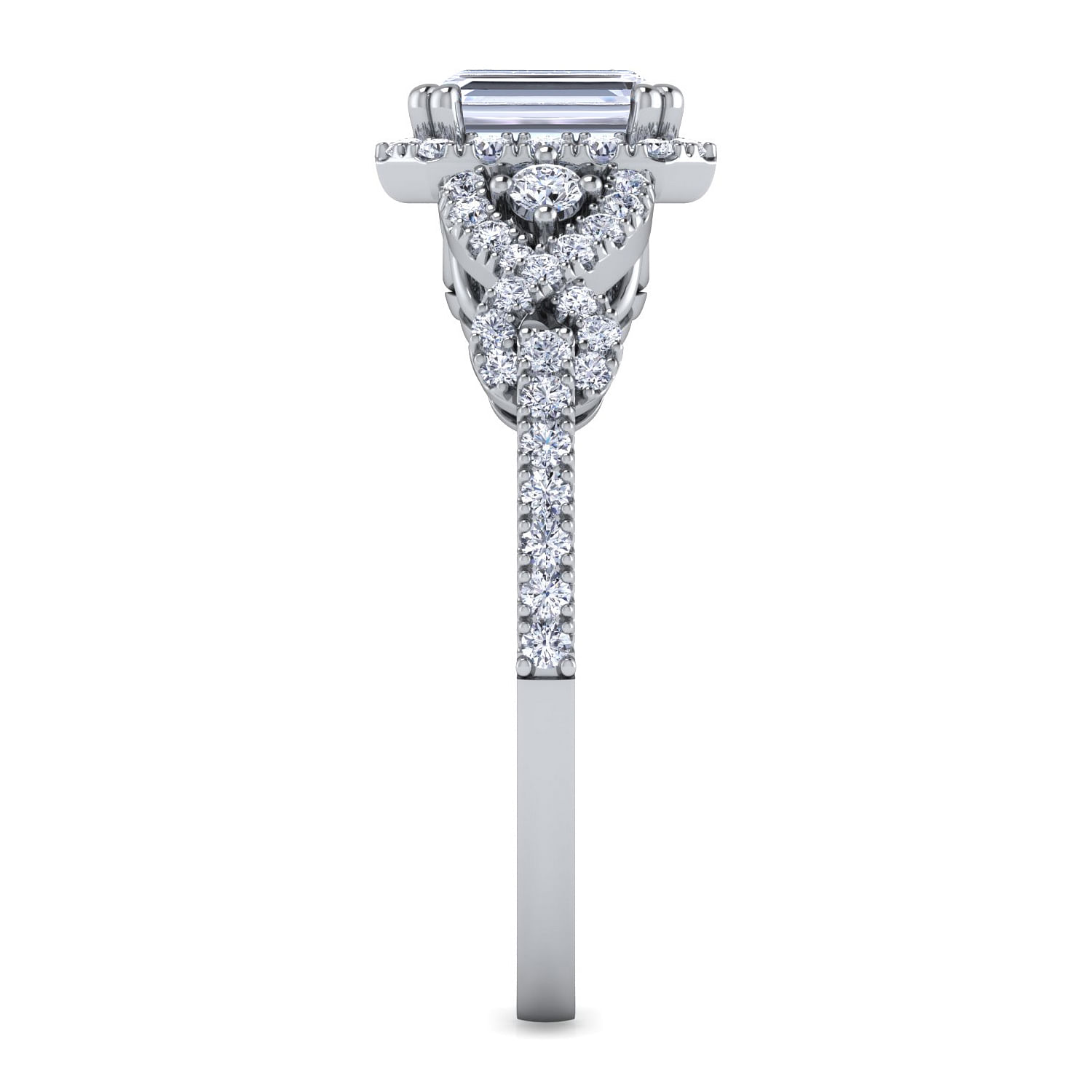 14K White Gold Three Stone Halo Emerald Cut Diamond Engagement Ring
