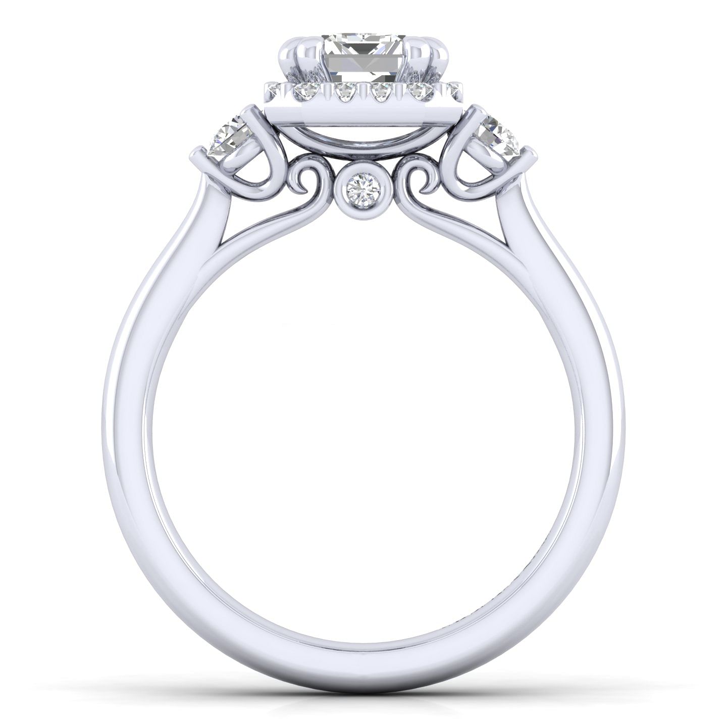 14K White Gold Three Stone Halo Emerald Cut Diamond Engagement Ring