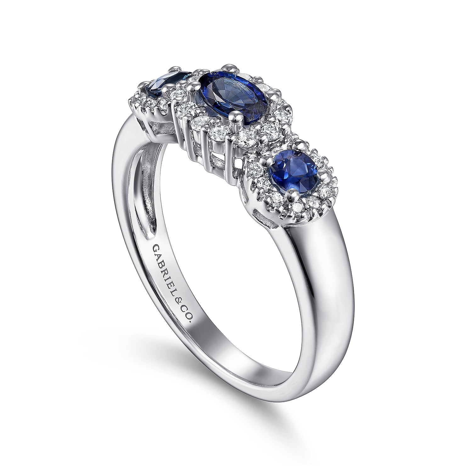 14K White Gold Three Stone Halo Sapphire and Diamond Ring