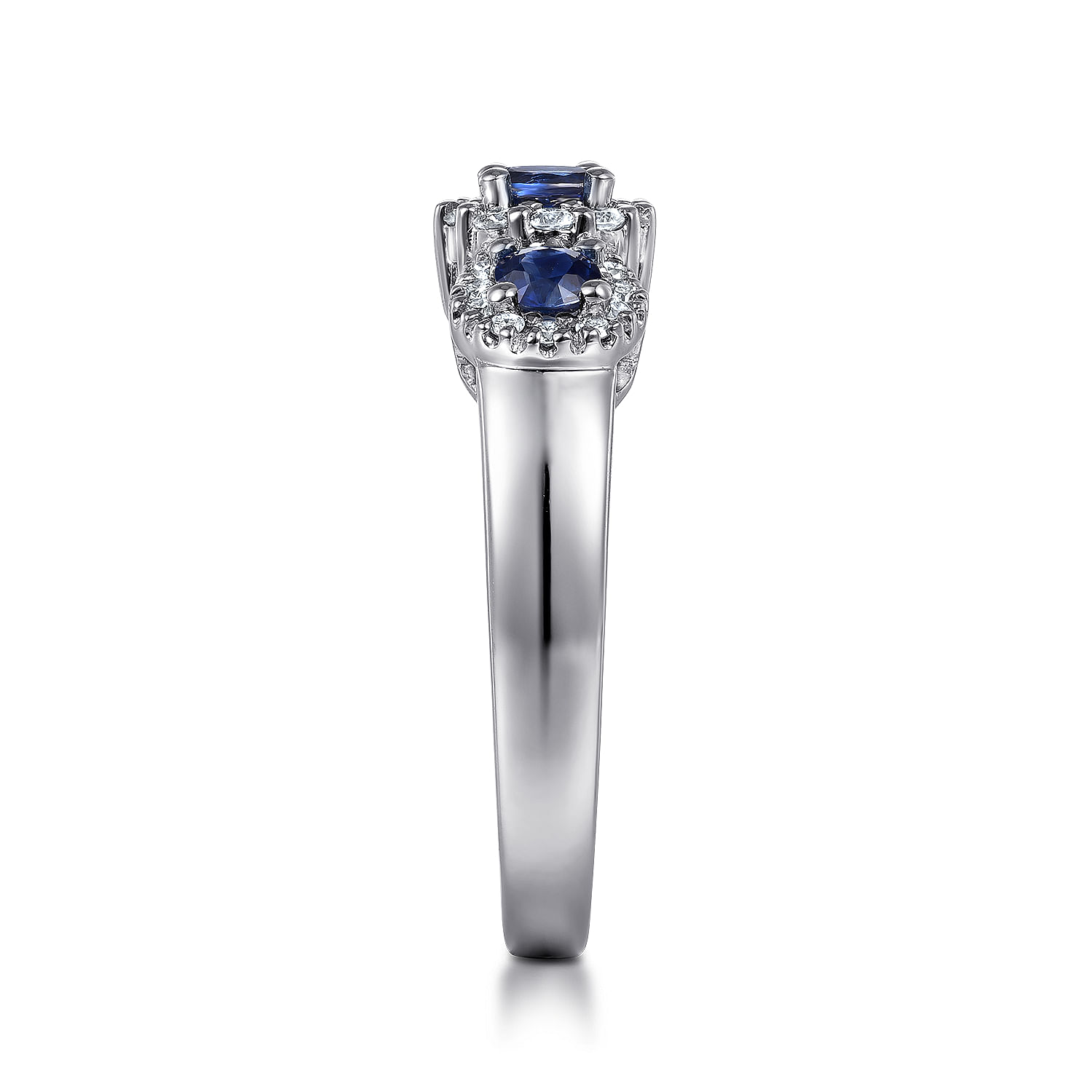 14K White Gold Three Stone Halo Sapphire and Diamond Ring