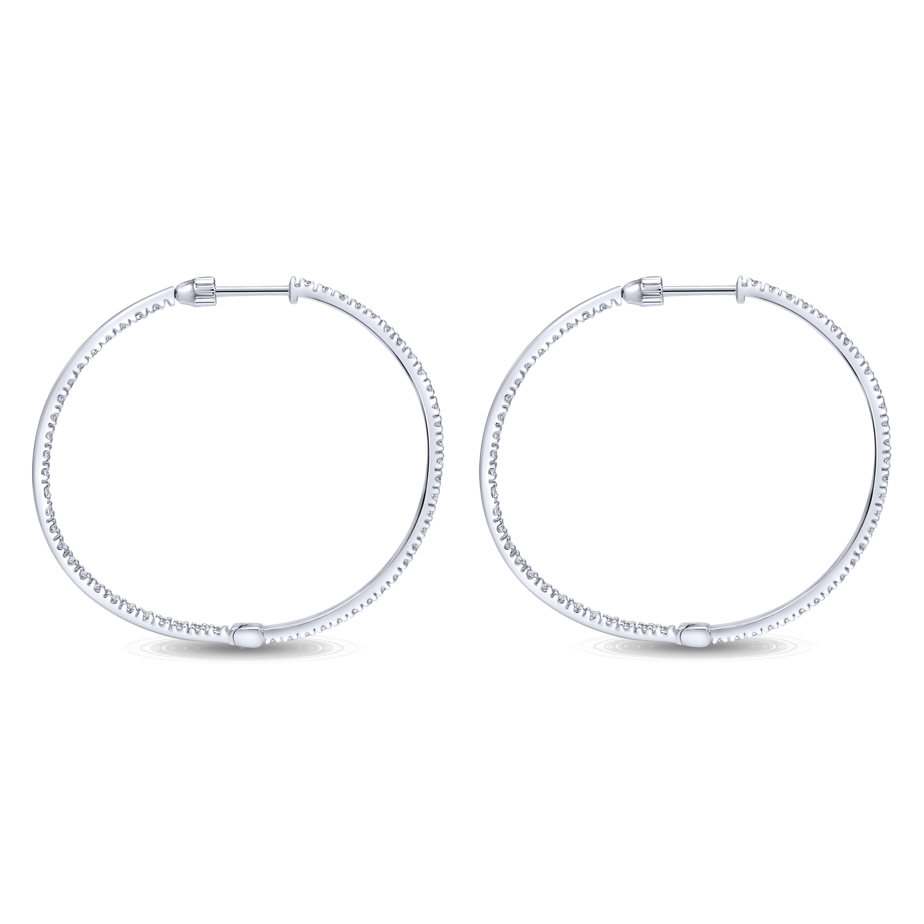 14K White Gold Tiger Claw Set 35mm Round Inside Out Diamond Hoop Earrings