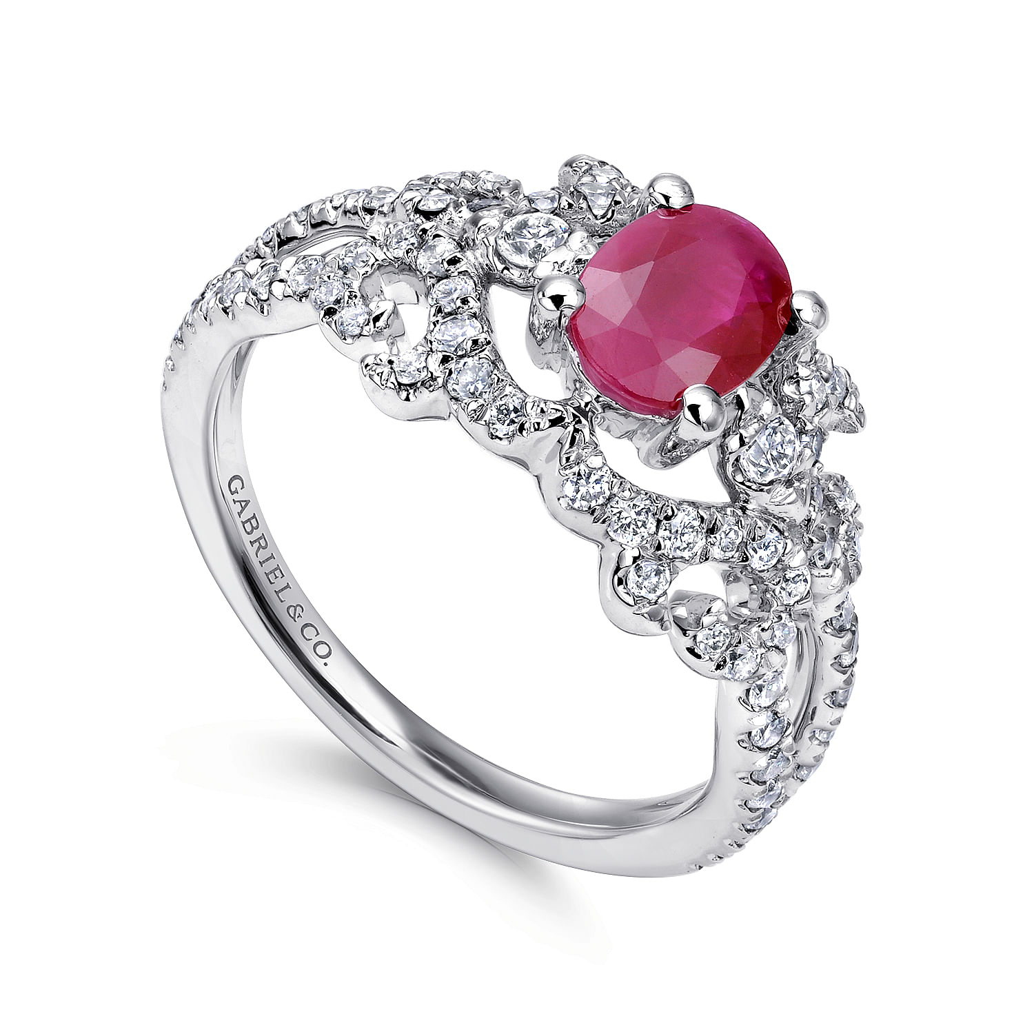 14K White Gold Twisted Diamond Ring with Oval Ruby Center