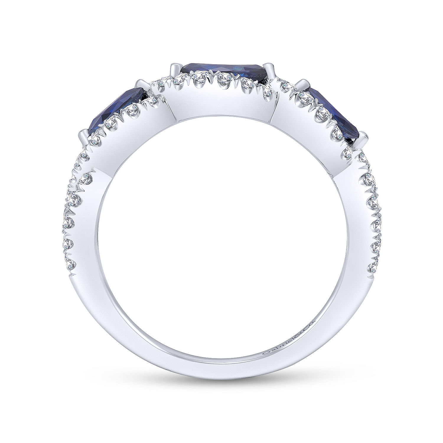 14K White Gold Twisted Diamond Rows and Sapphire Marquise Stones Ring