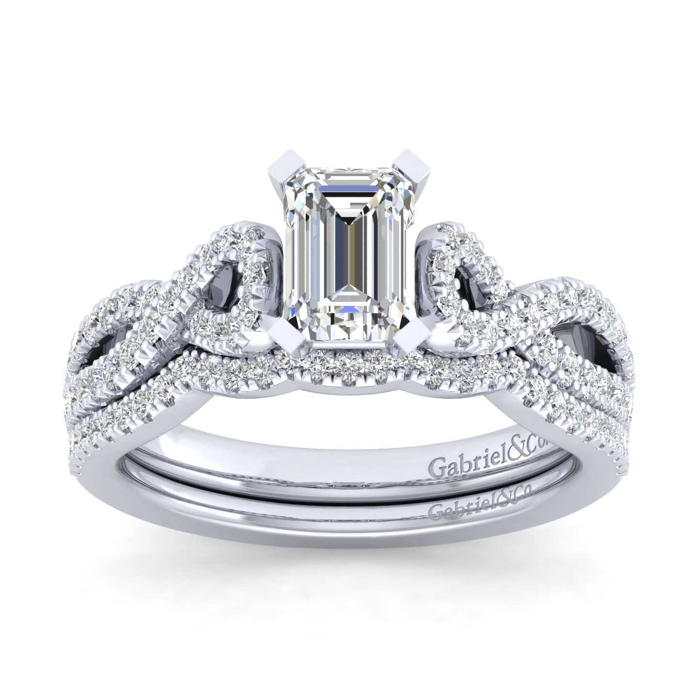 14K White Gold Twisted Emerald Cut Diamond Engagement Ring