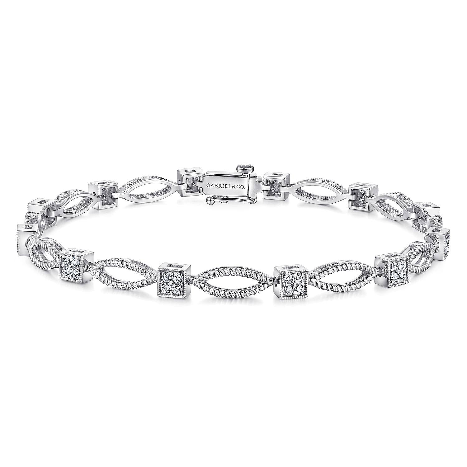 14K White Gold Twisted Rope Link Tennis Bracelet with Pavé Diamond Cube Spacers