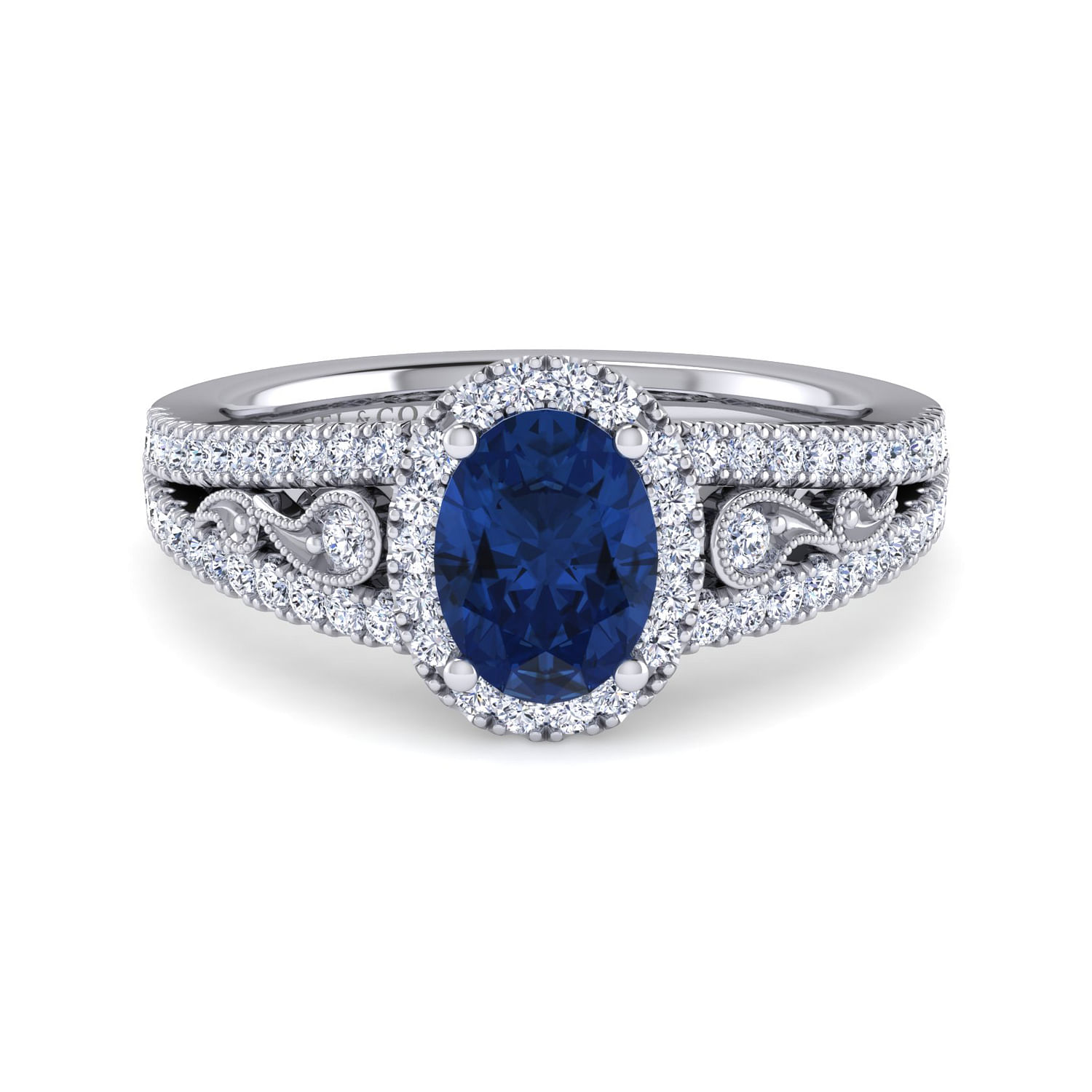 14K White Gold Vintage Inspired Oval Sapphire and Diamond Halo Ring