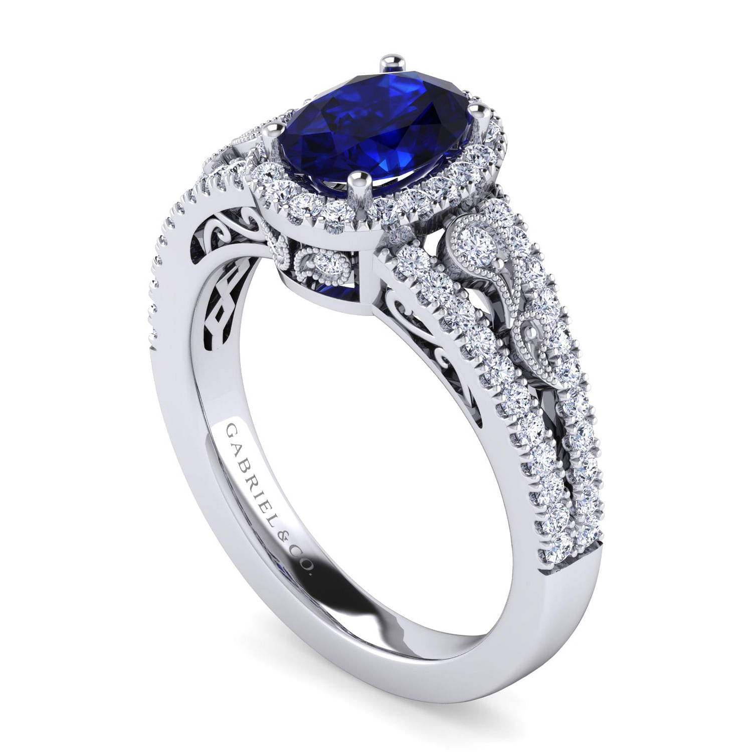 14K White Gold Vintage Inspired Oval Sapphire and Diamond Halo Ring