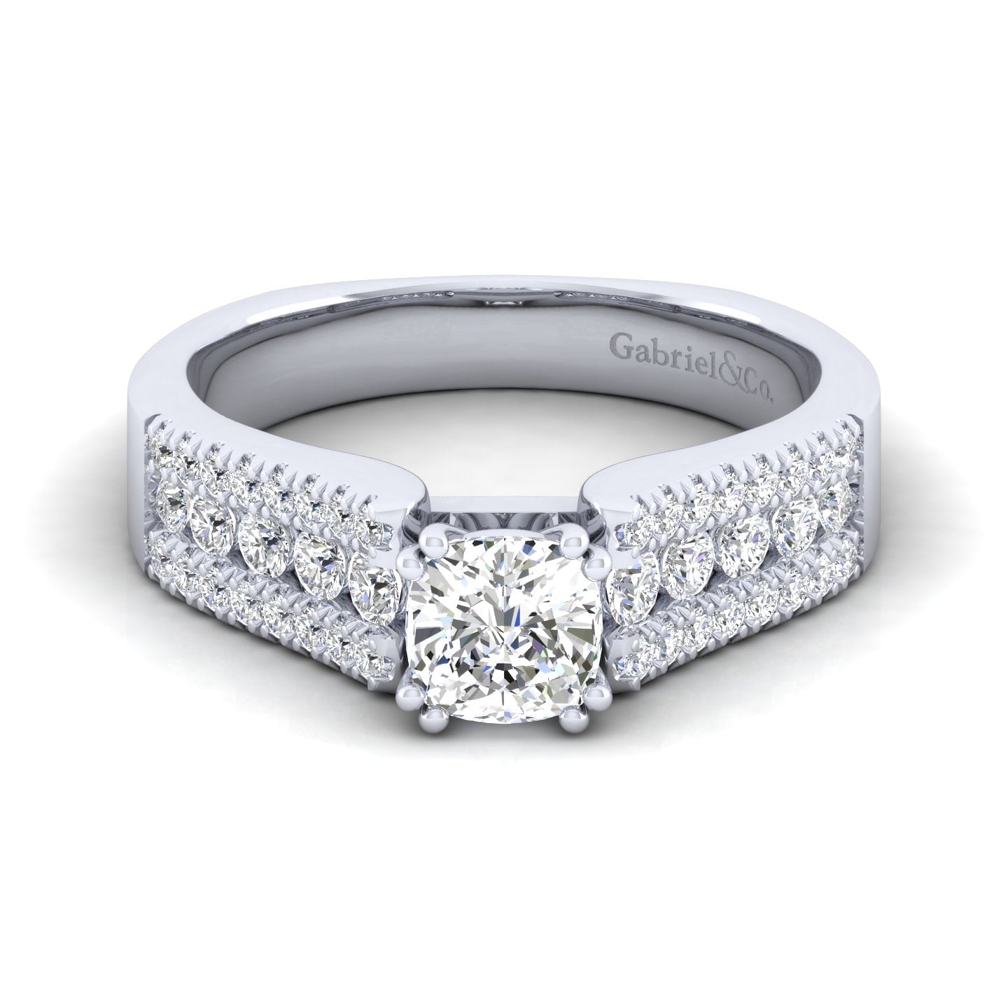 14K White Gold Wide Band Cushion Cut Diamond Engagement Ring