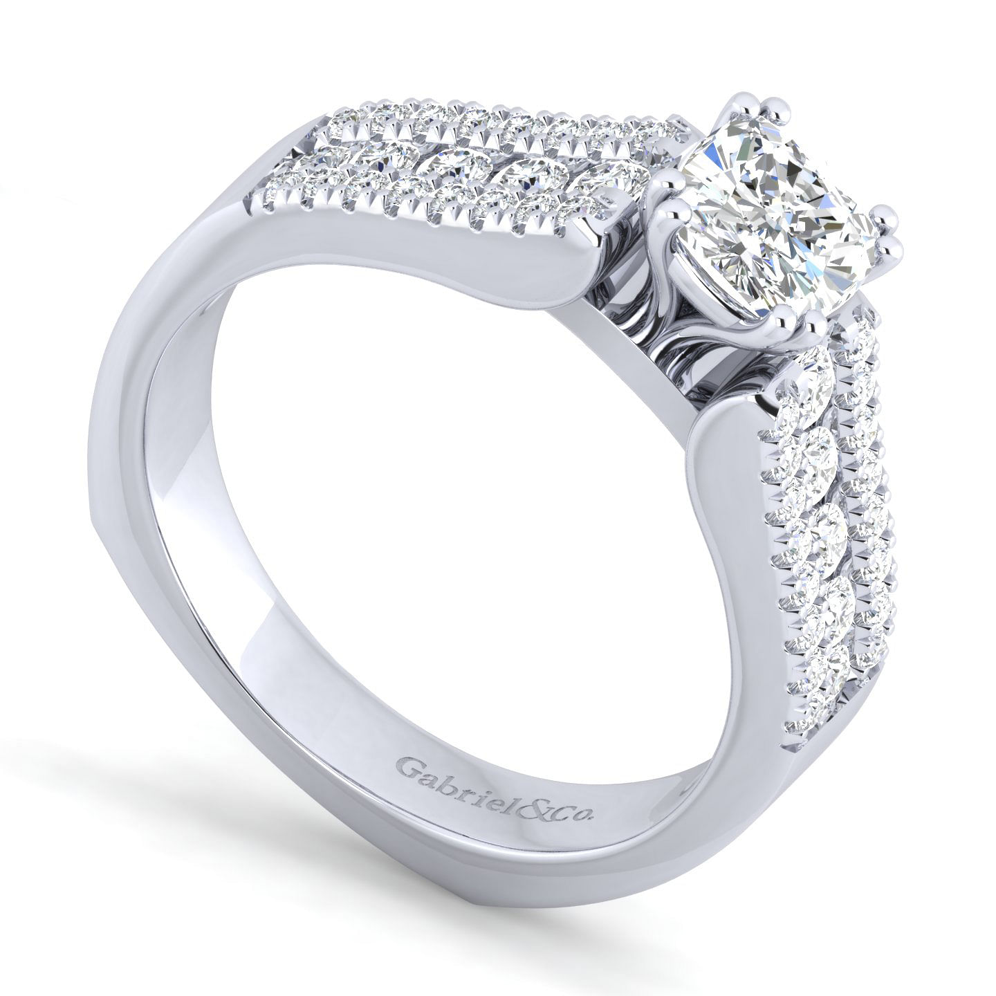 14K White Gold Wide Band Cushion Cut Diamond Engagement Ring