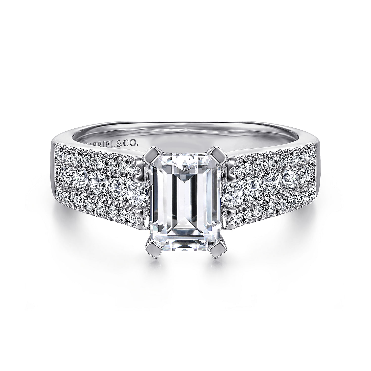 14K White Gold Wide Band Emerald Cut Diamond Engagement Ring