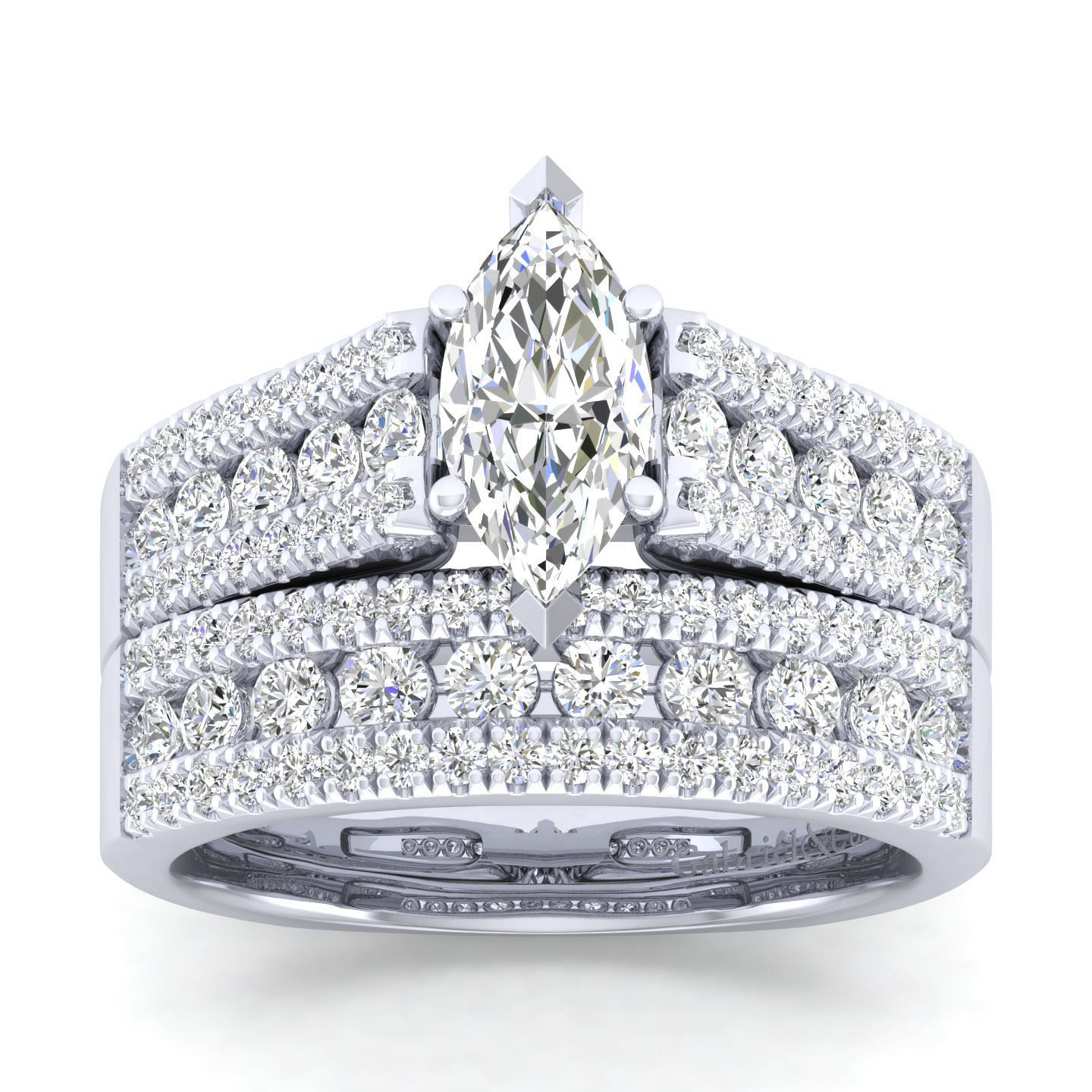 14K White Gold Wide Band Marquise Shape Diamond Engagement Ring