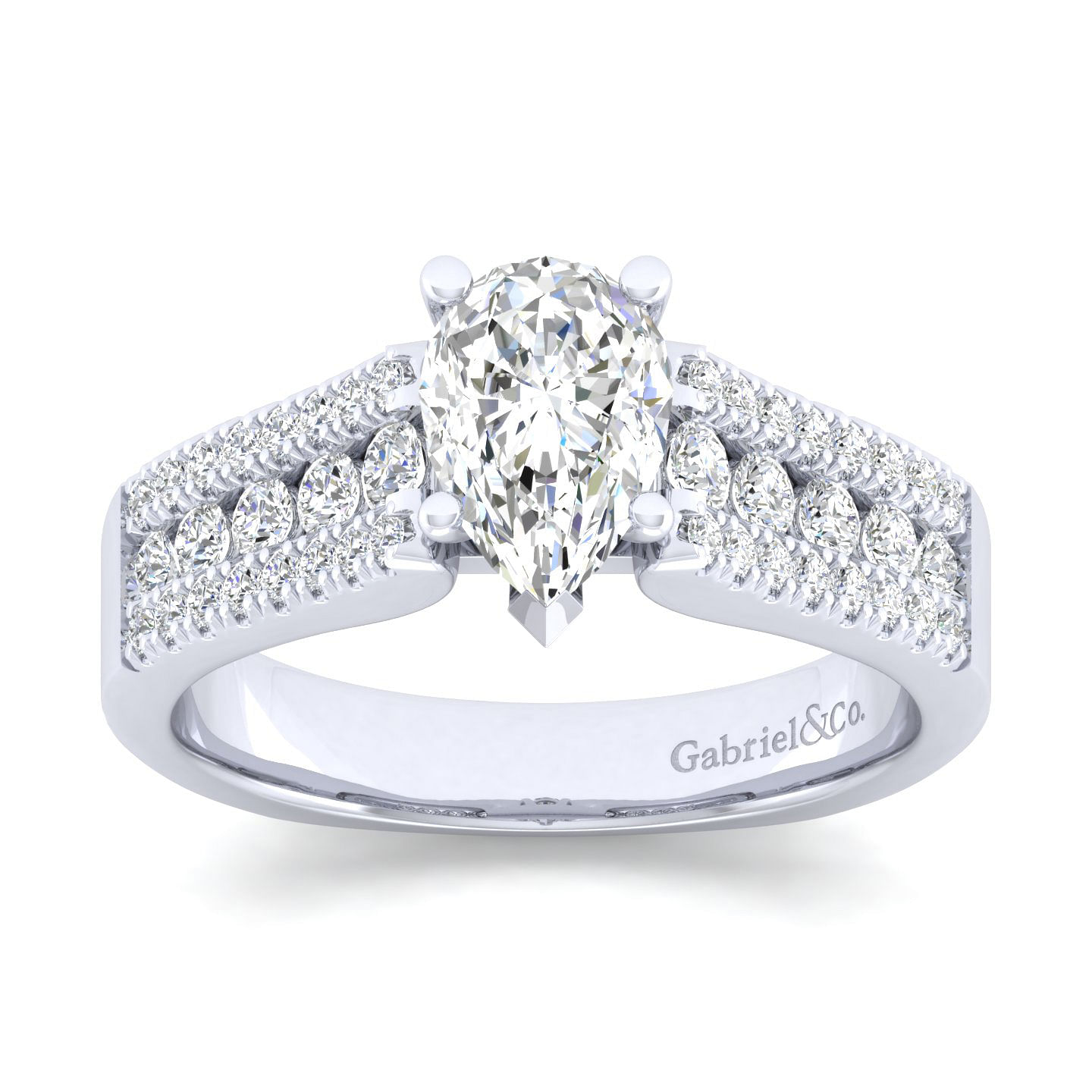 14K White Gold Wide Band Pear Shape Diamond Engagement Ring