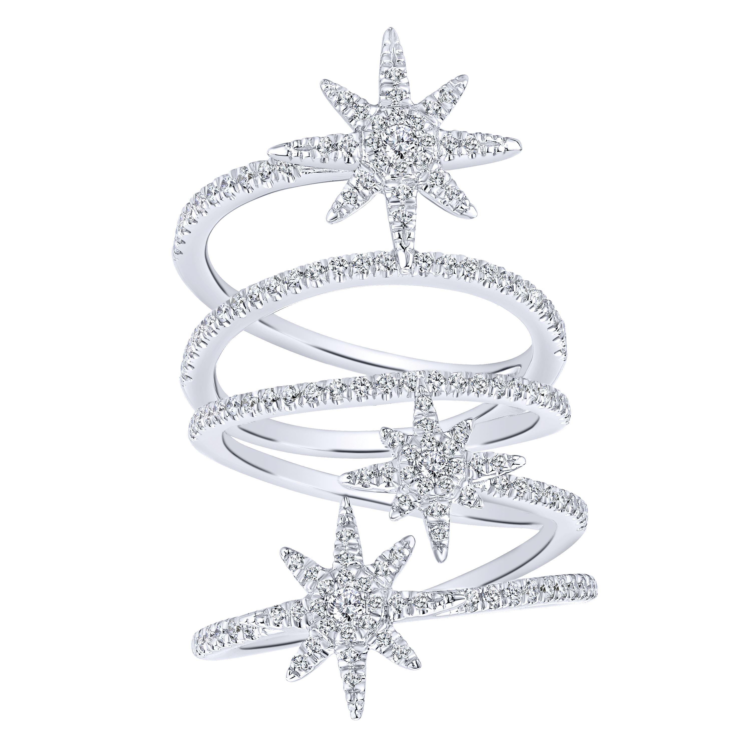 14K White Gold Wide Open Diamond Band and Star Station Statement Ring