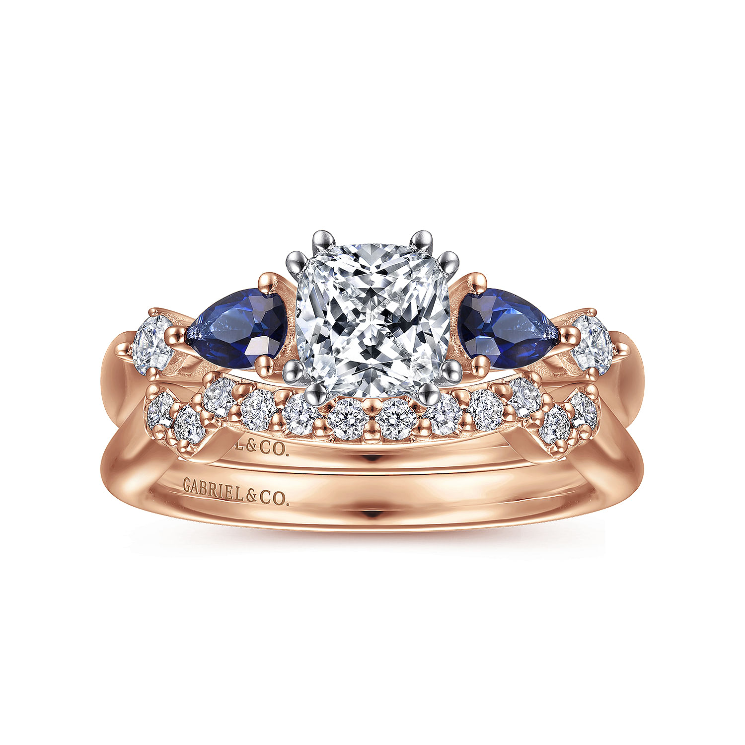 14K White-Rose Gold Cushion Cut Five Stone Sapphire and Diamond Engagement Ring