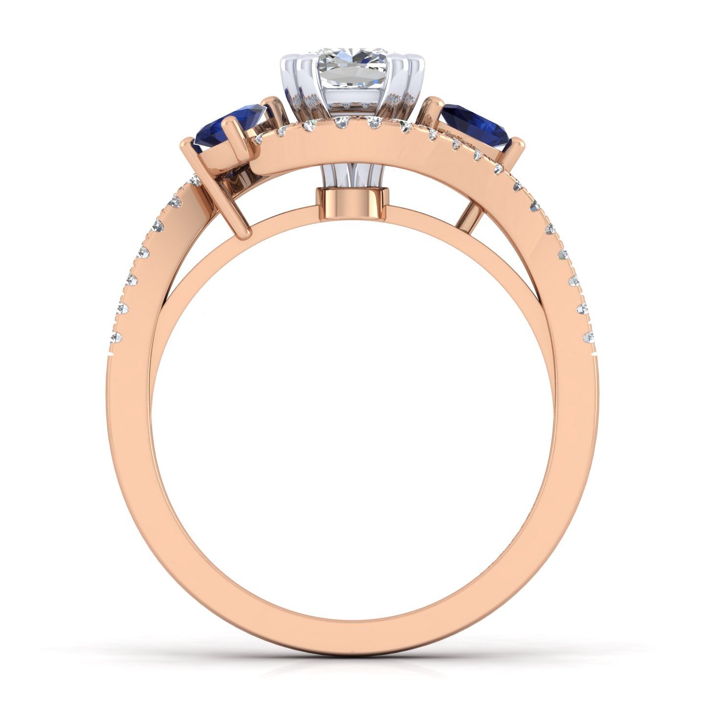 14K White-Rose Gold Cushion Cut Three Stone Sapphire and Diamond Engagement Ring