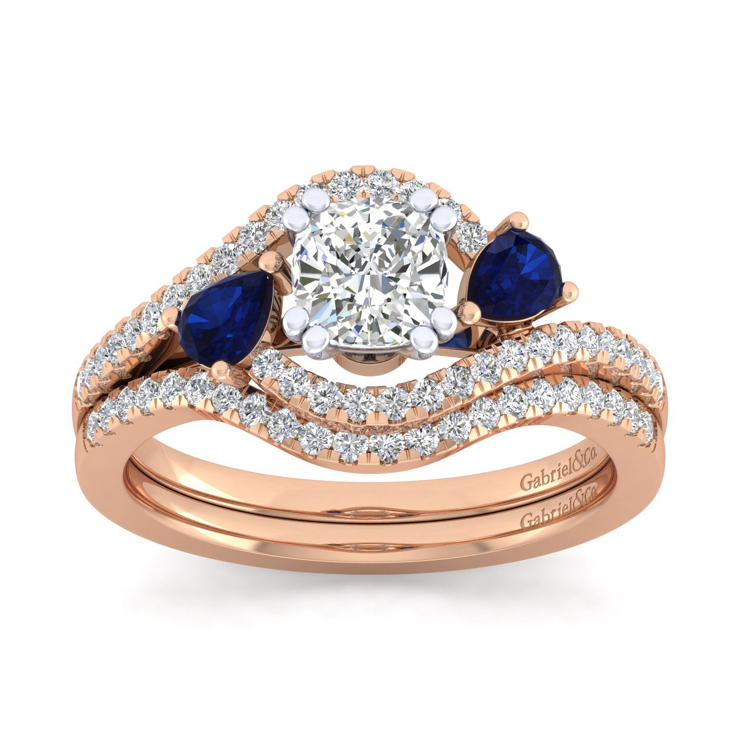 14K White-Rose Gold Cushion Cut Three Stone Sapphire and Diamond Engagement Ring