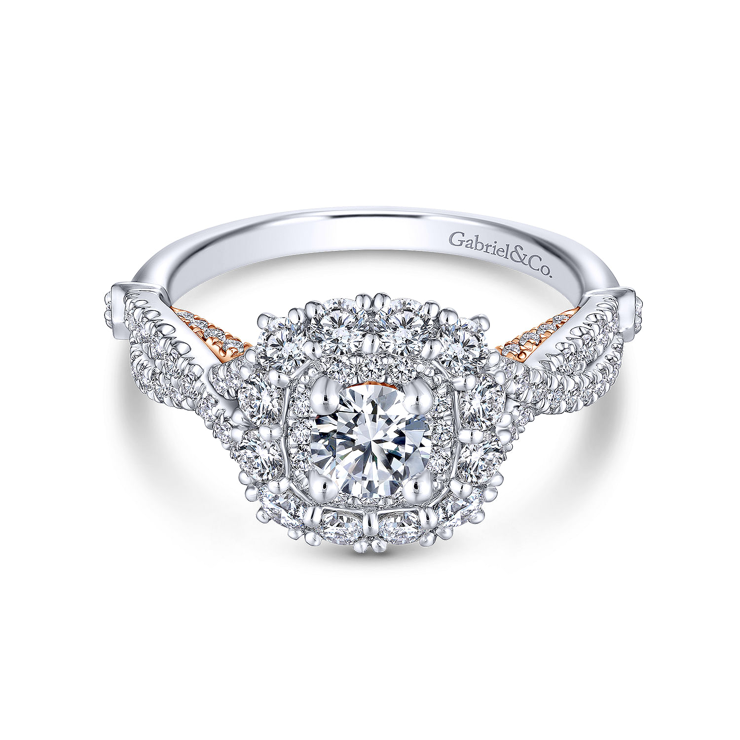14K White-Rose Gold Cushion Double Halo Round Diamond Complete Engagement Ring