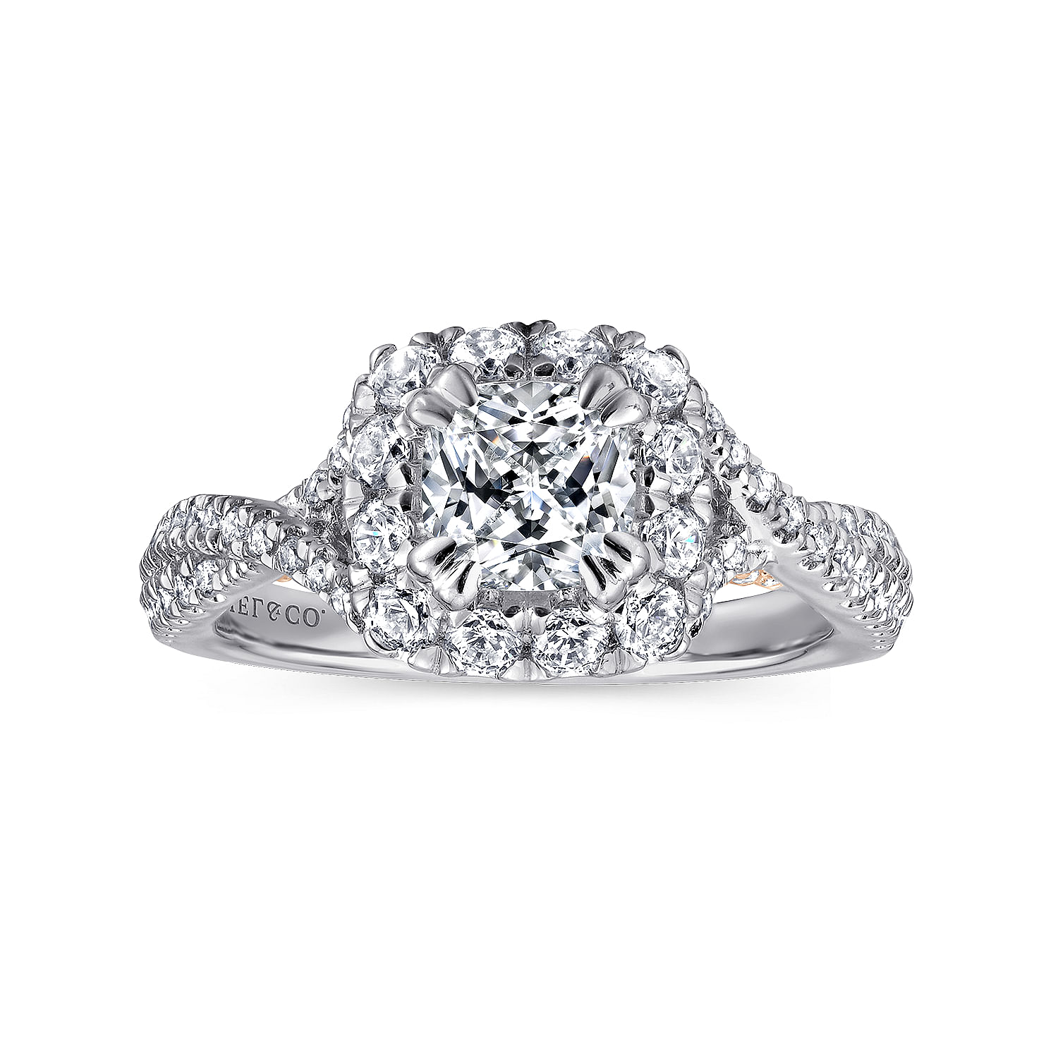 14K White-Rose Gold Cushion Halo Diamond Engagement Ring
