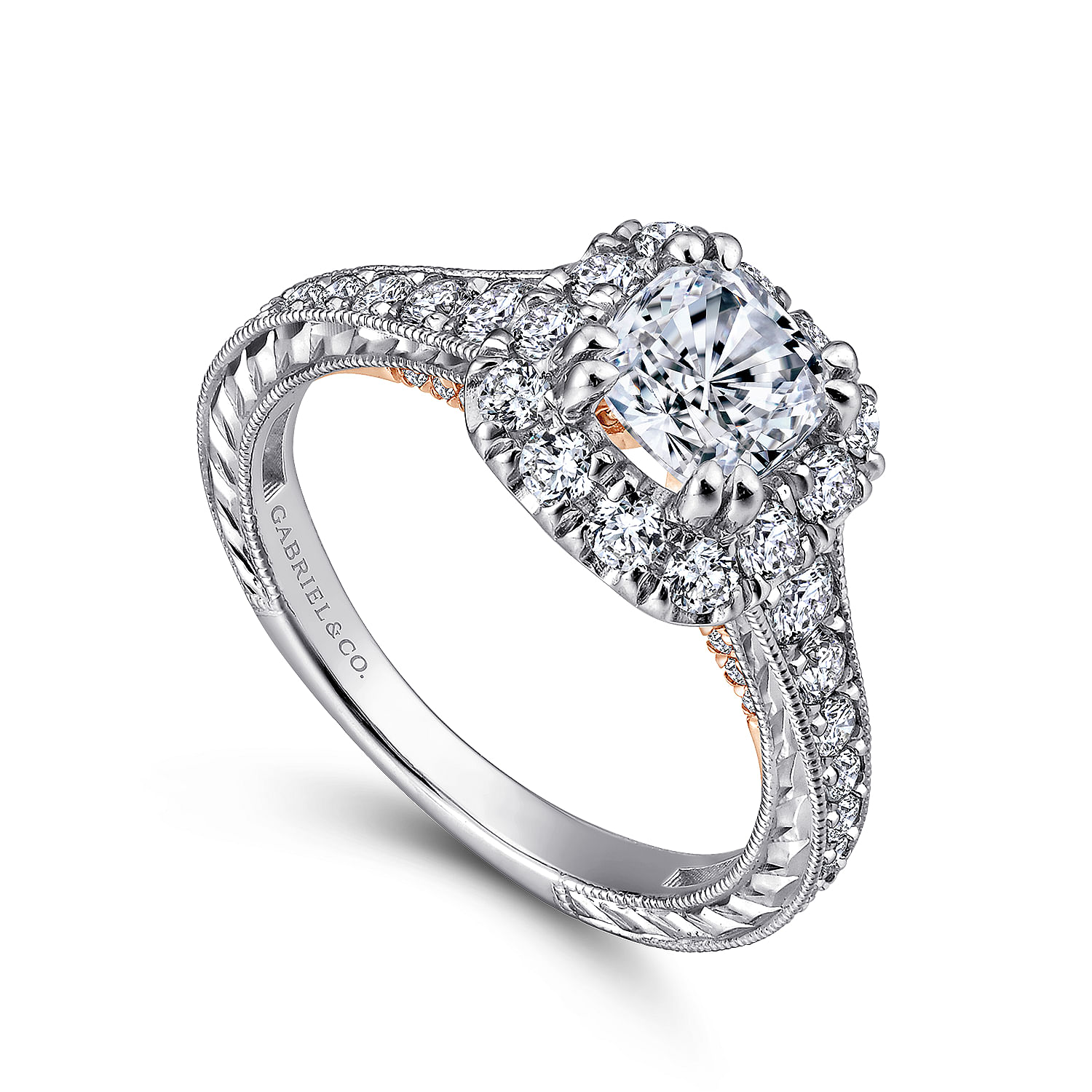 14K White-Rose Gold Cushion Halo Diamond Engagement Ring