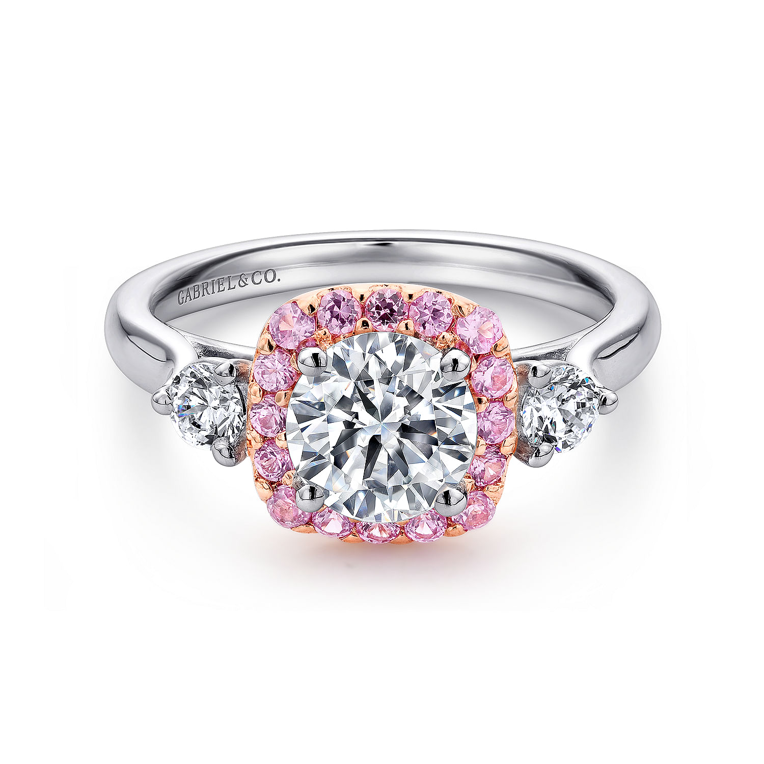 14K White-Rose Gold Cushion Halo Round Pink Sapphire and Diamond Engagement Ring