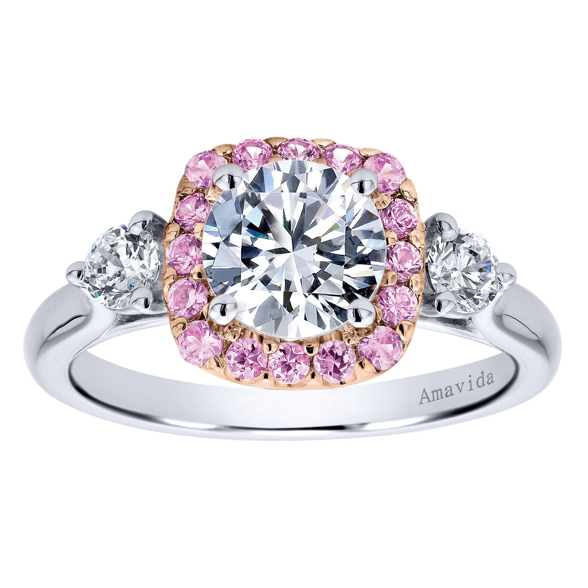 14K White-Rose Gold Cushion Halo Round Pink Sapphire and Diamond Engagement Ring