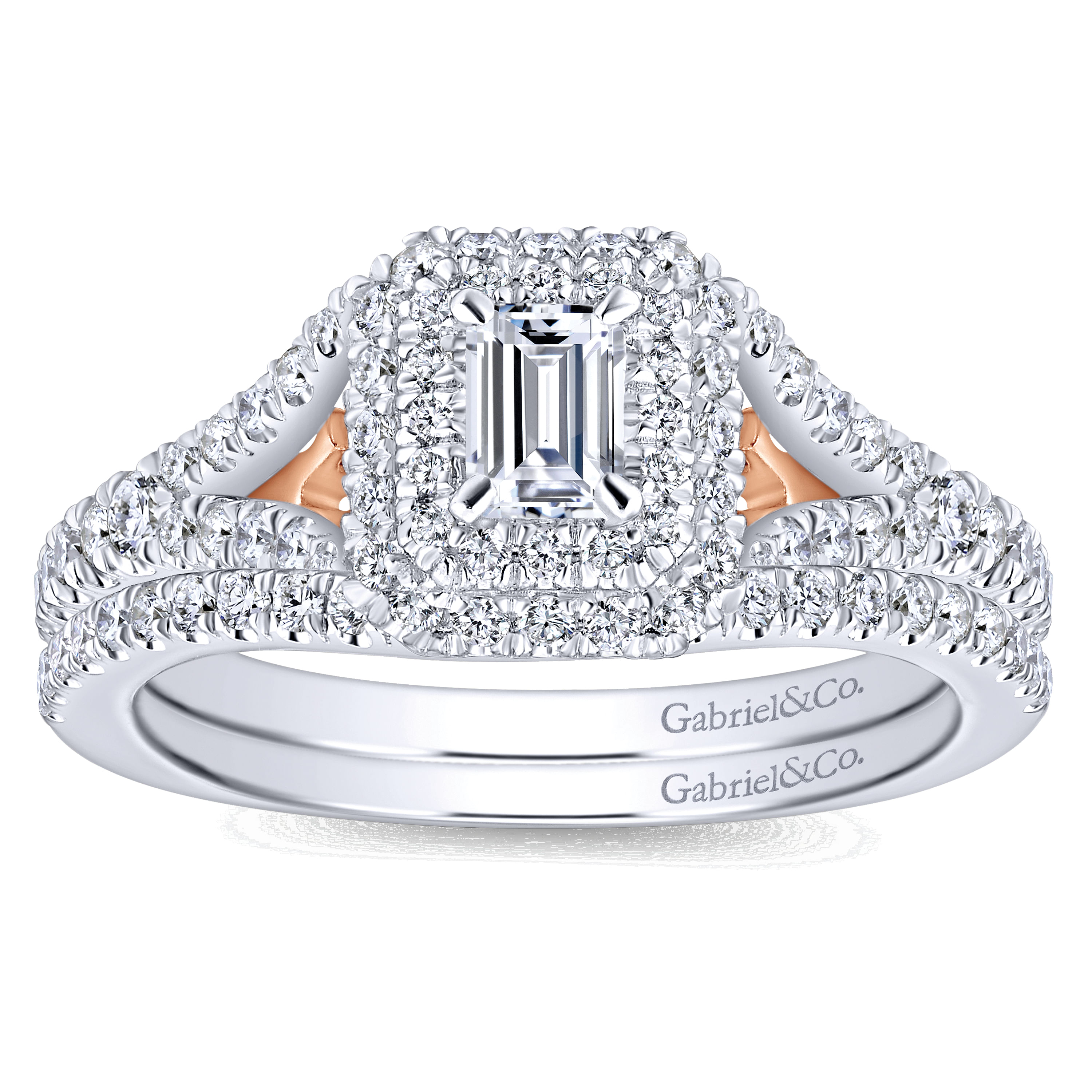 14K White-Rose Gold Emerald Cut Complete Diamond Engagement Ring