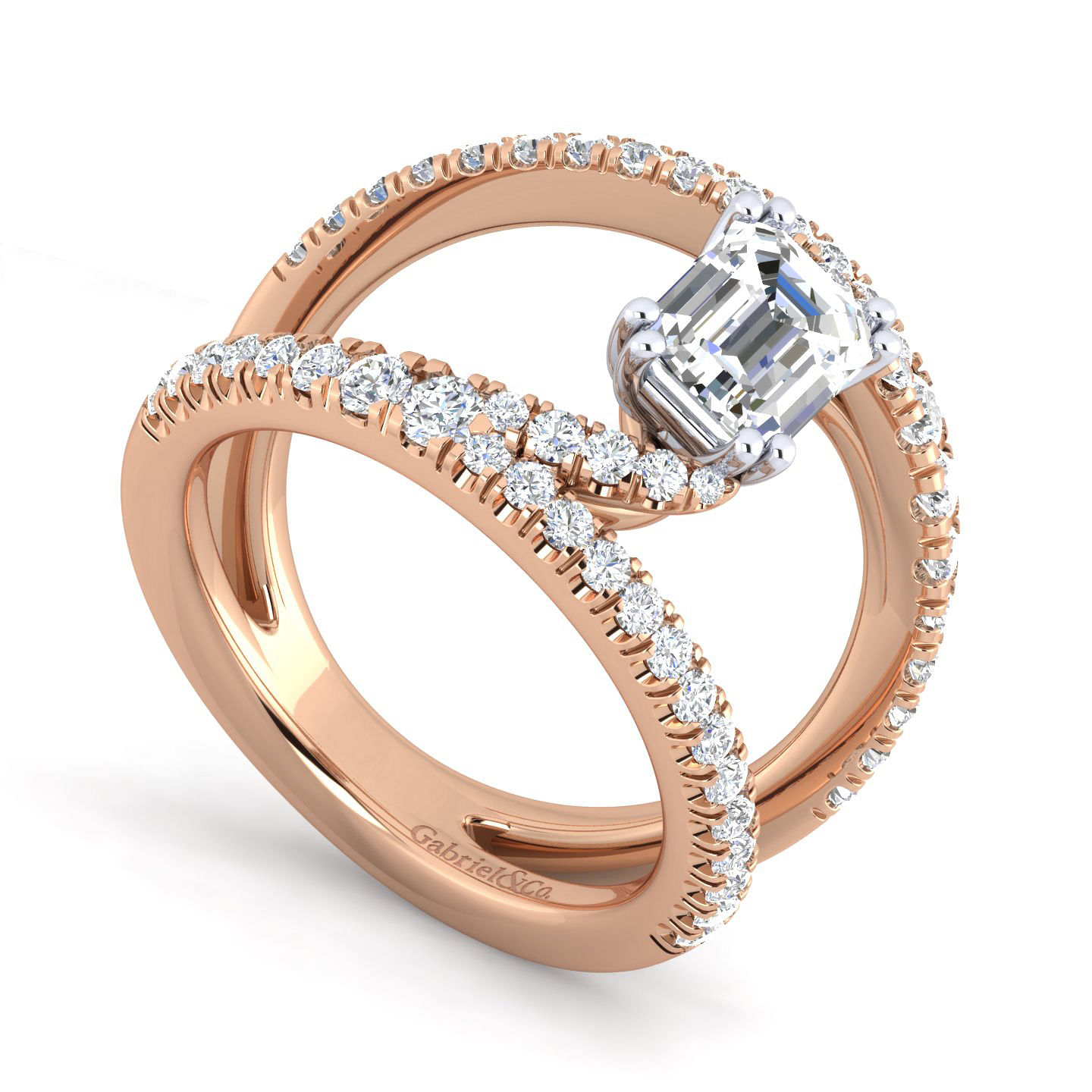 14K White-Rose Gold Emerald Cut Split Shank Diamond Engagement Ring