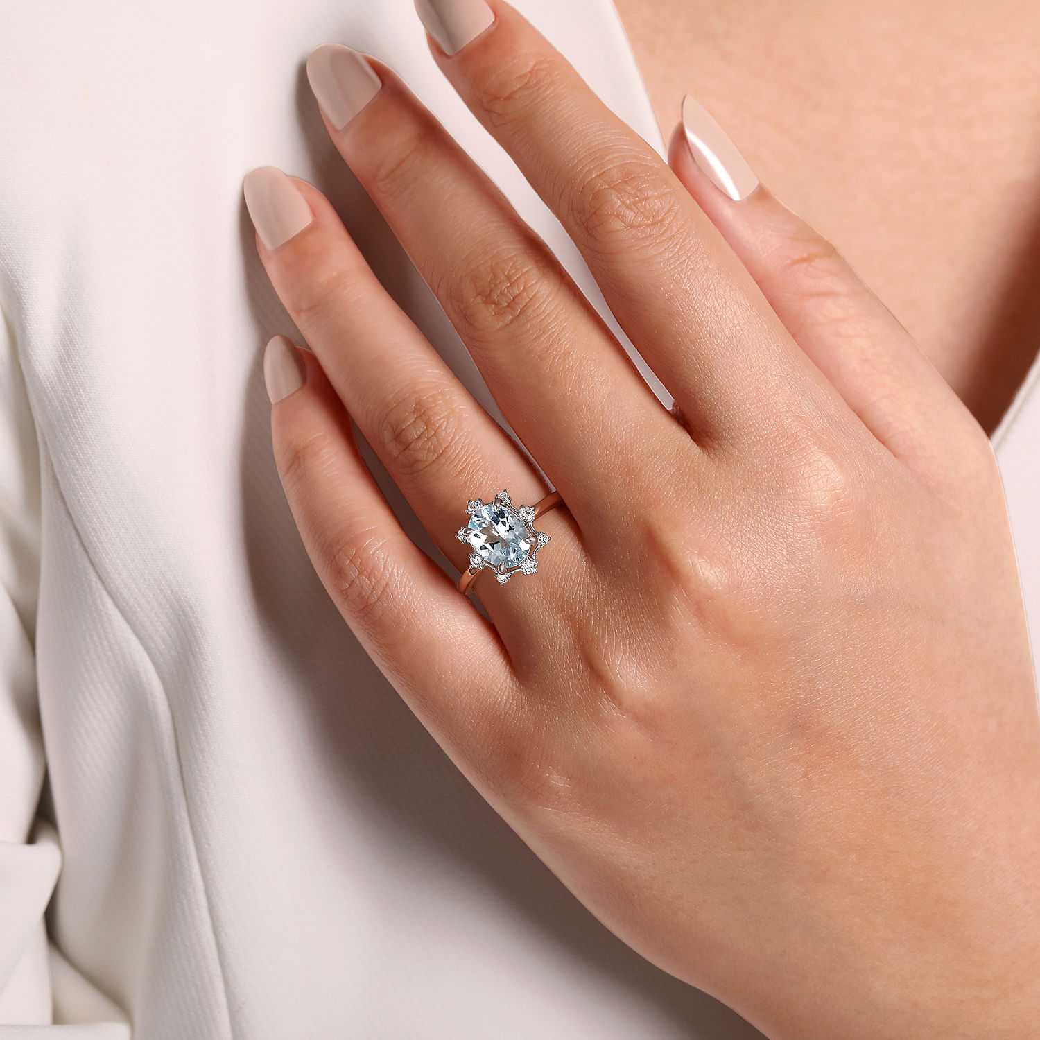 14K White-Rose Gold Fancy Halo Aquamarine and Diamond Engagement Ring