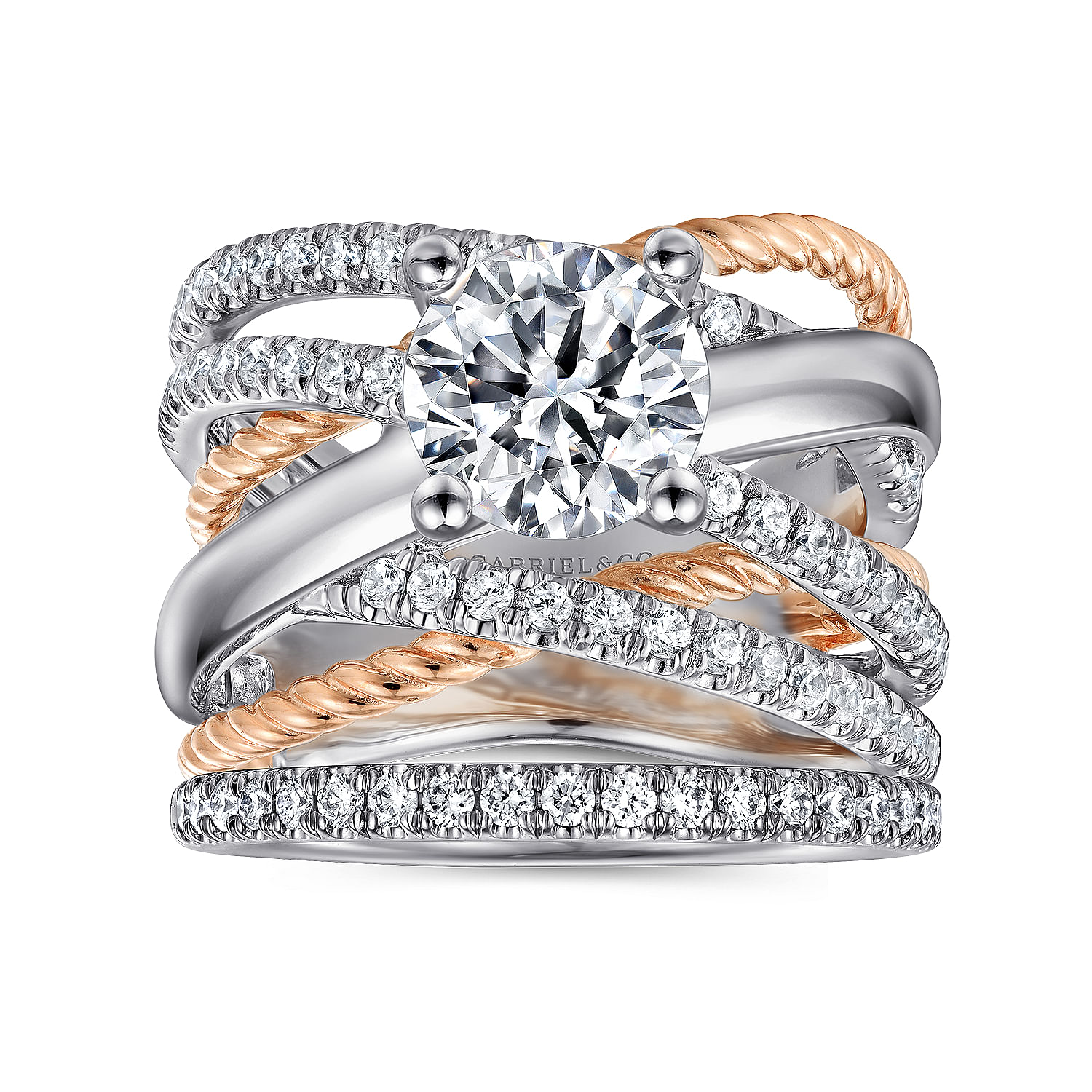 14K White-Rose Gold Free Form Round Diamond Engagement Ring
