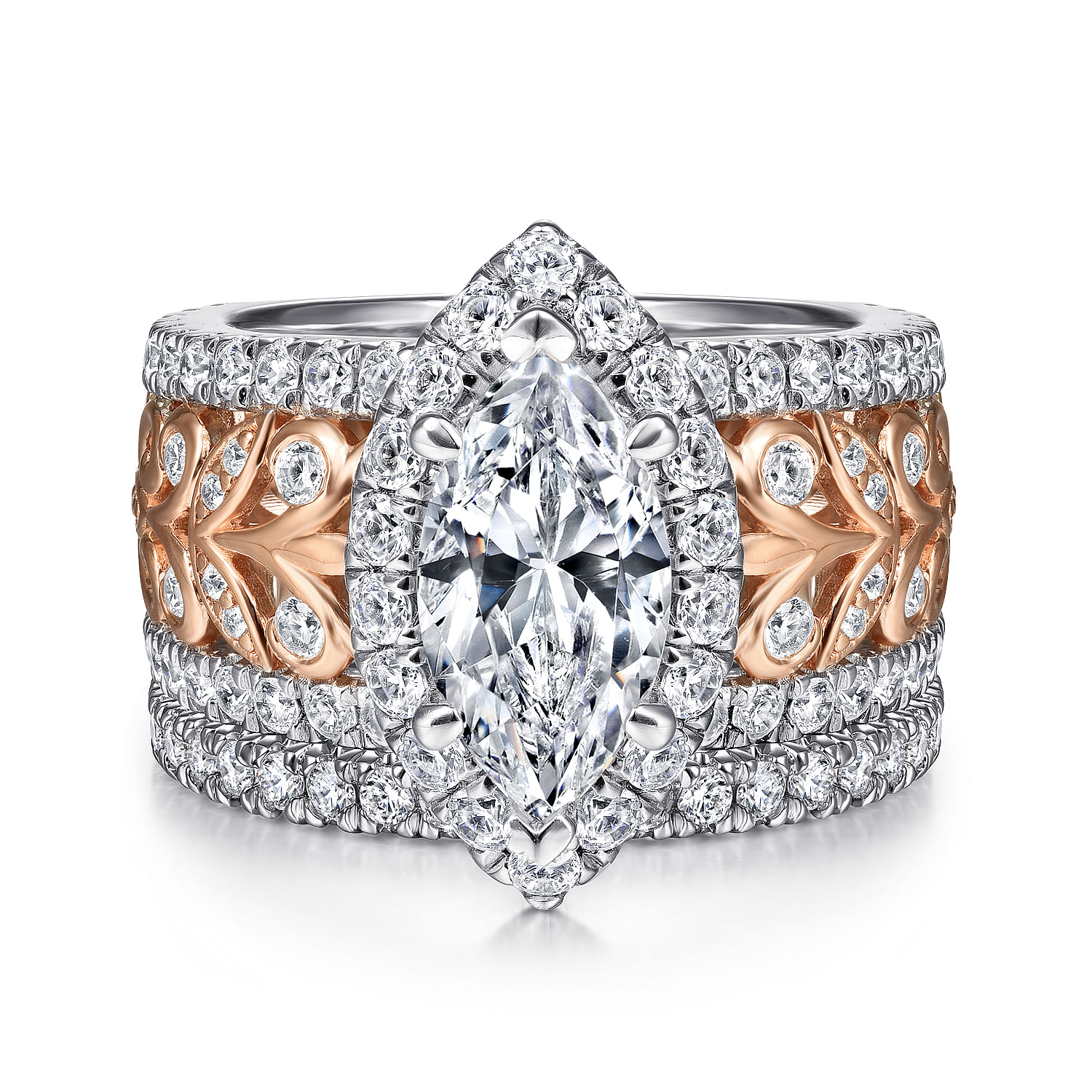 14K White-Rose Gold Marquise Halo Diamond Engagement Ring