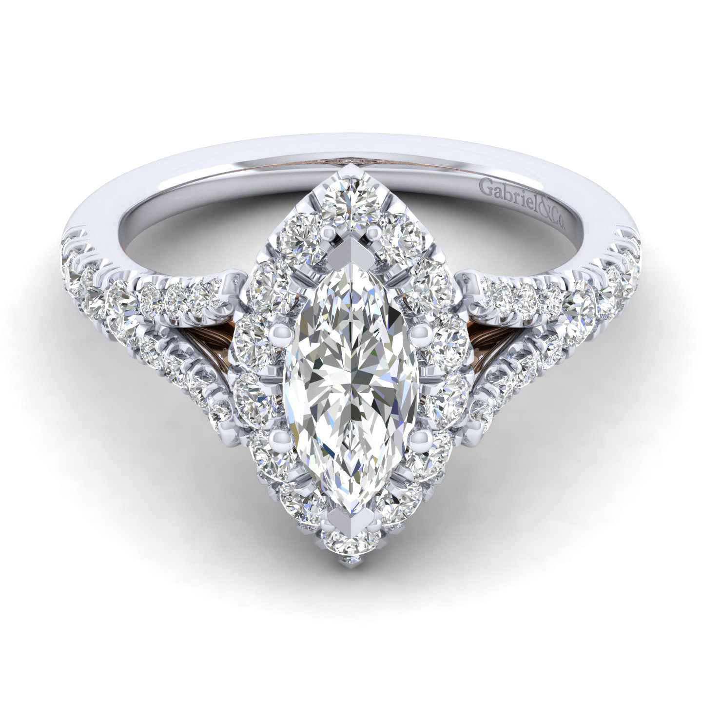 14K White-Rose Gold Marquise Halo Diamond Engagement Ring