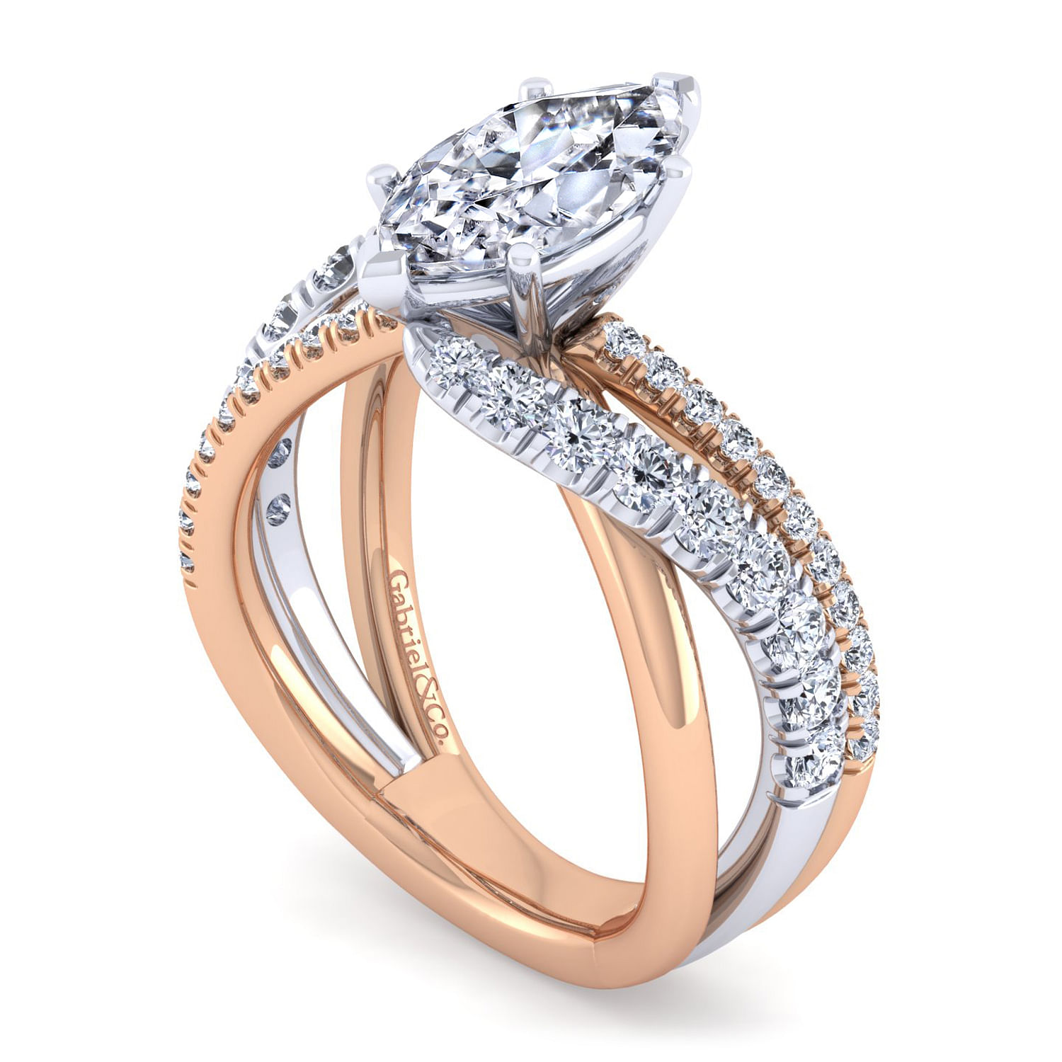 14K White-Rose Gold Marquise Shape Free Form Diamond Engagement Ring