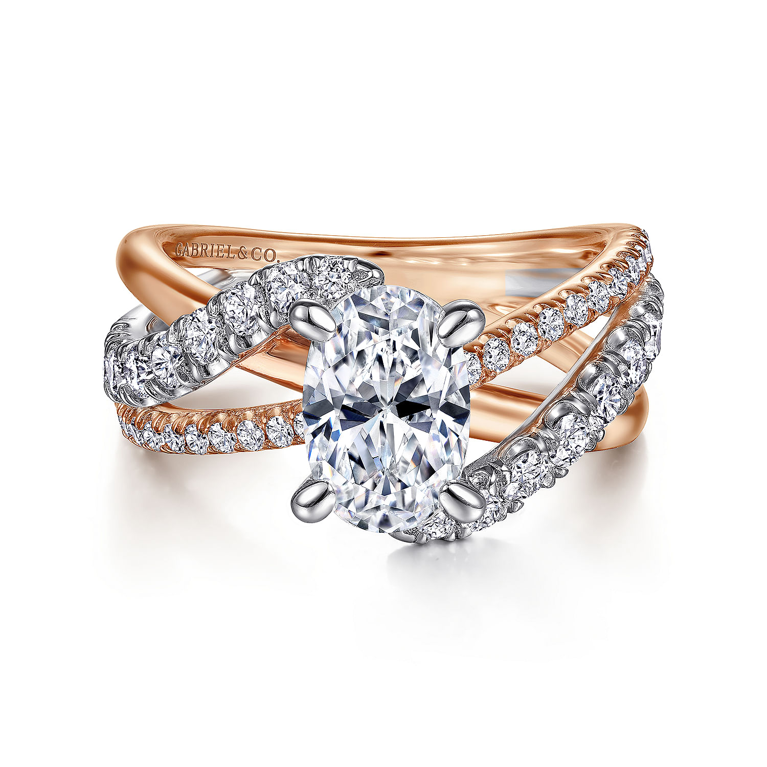 14K White-Rose Gold Oval Diamond Free Form Engagement Ring