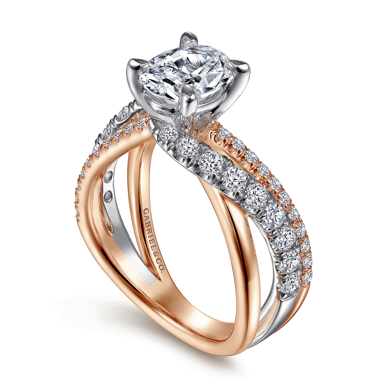 14K White-Rose Gold Oval Diamond Free Form Engagement Ring
