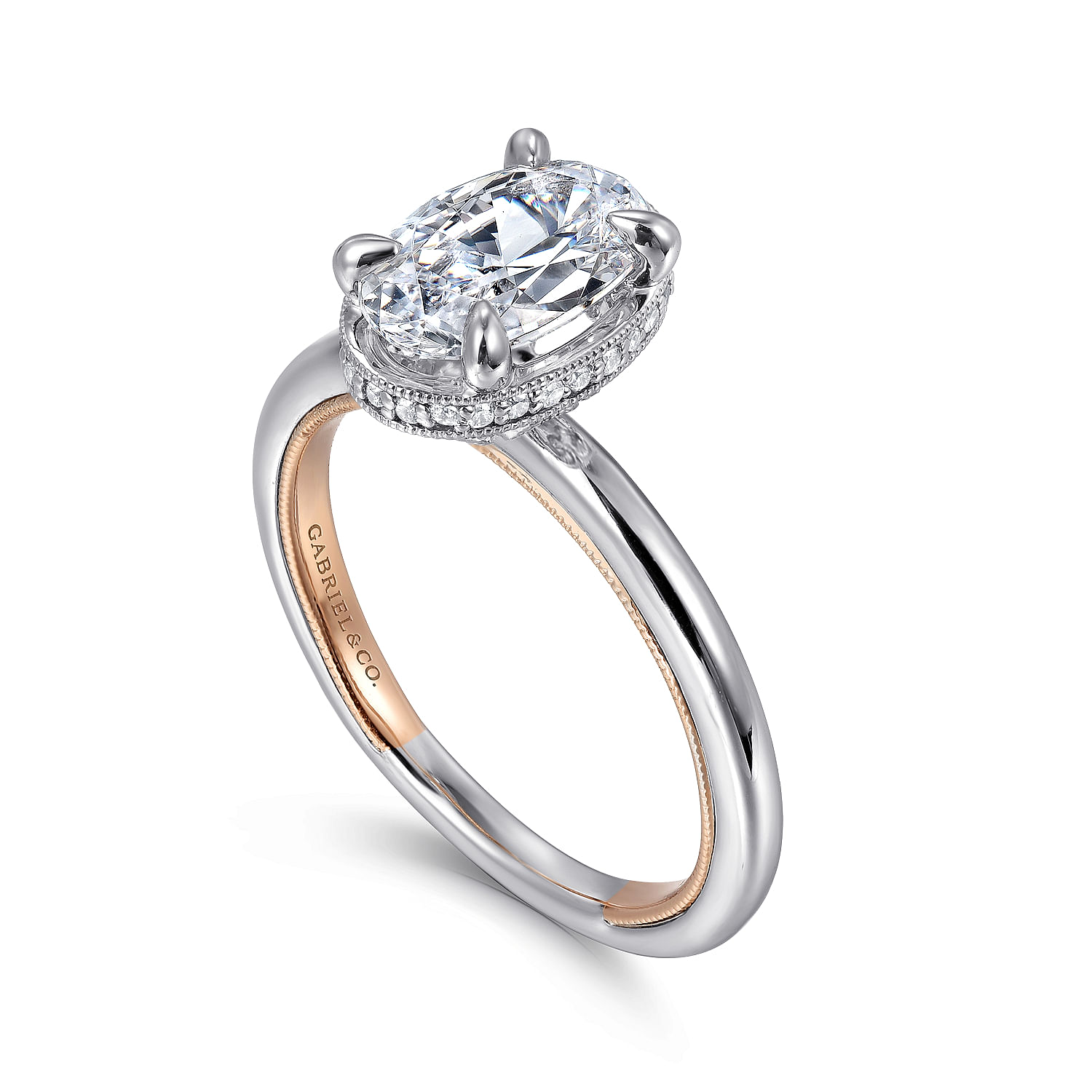 14K White-Rose Gold Oval Halo Diamond Engagement Ring