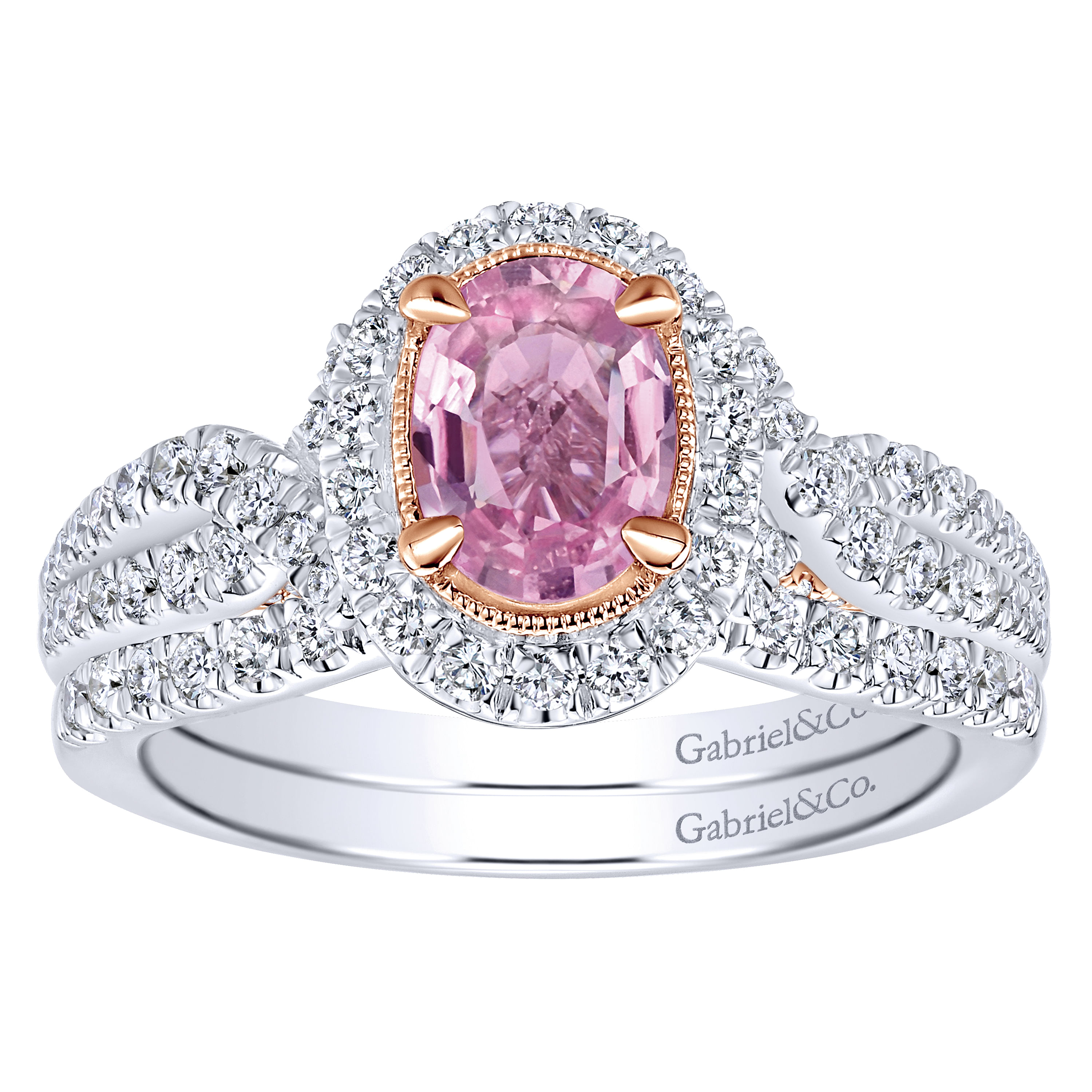 14K White-Rose Gold Oval Halo Pink Sapphire and Diamond Engagement Ring