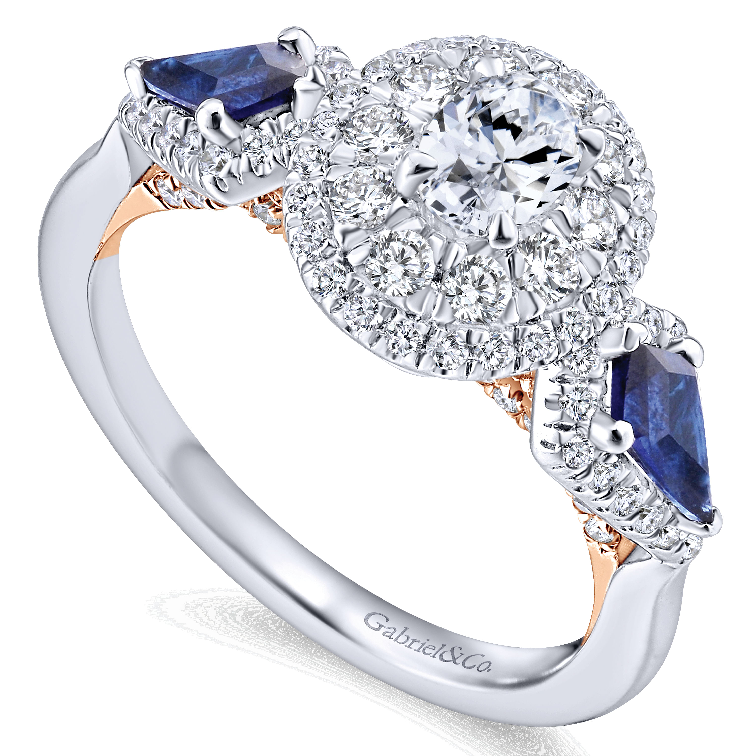 14K White-Rose Gold Oval Sapphire and Diamond Complete Engagement Ring