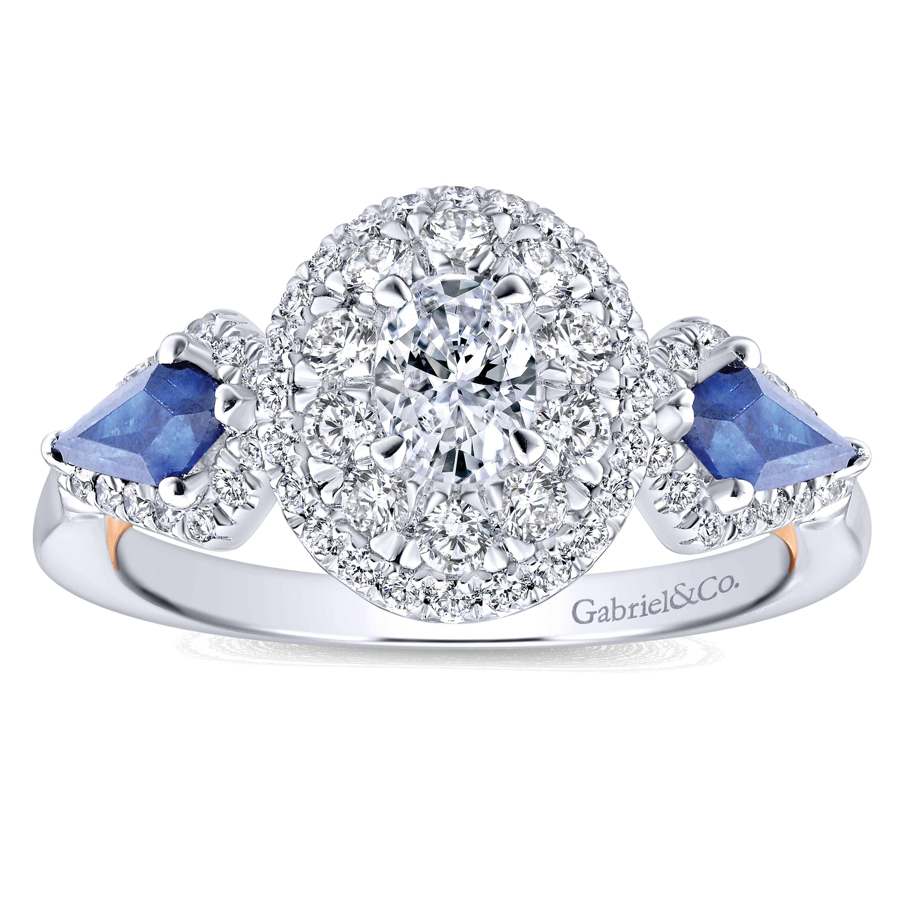 14K White-Rose Gold Oval Sapphire and Diamond Complete Engagement Ring