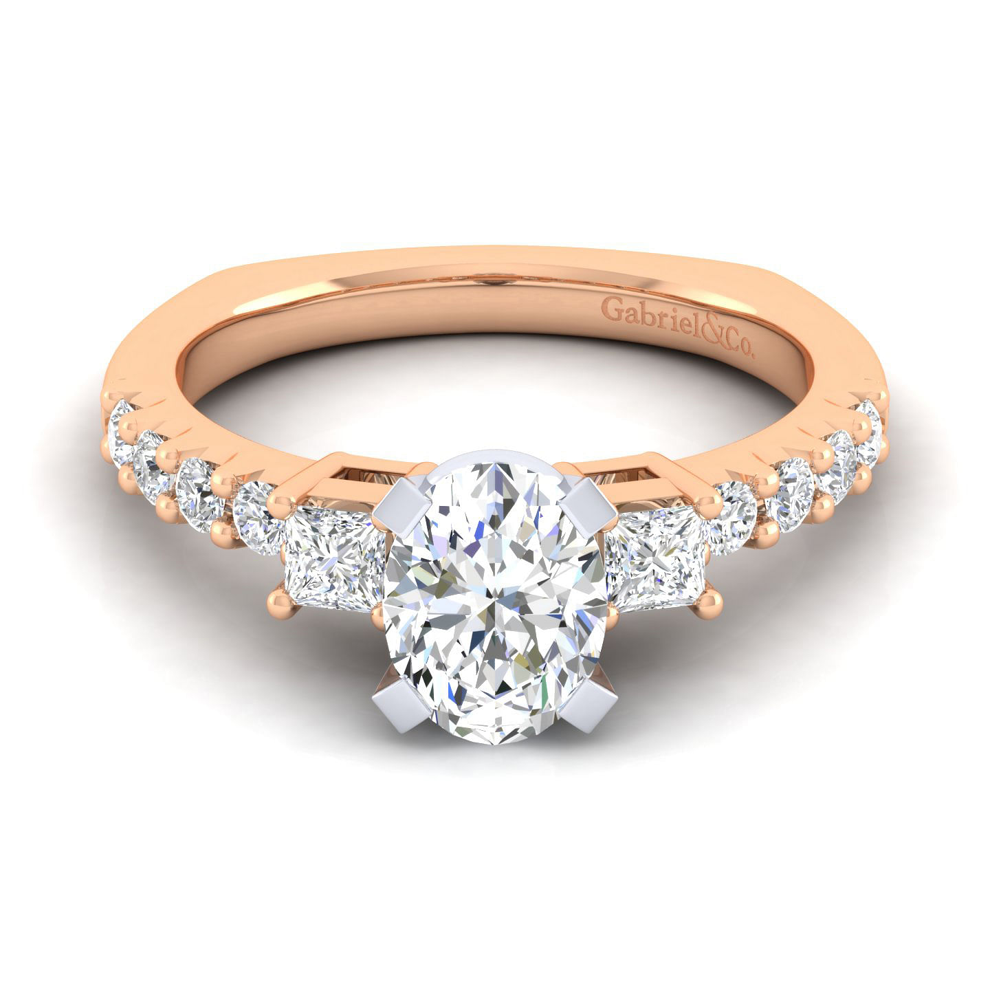 14K White-Rose Gold Oval Three Stone Diamond Engagement Ring