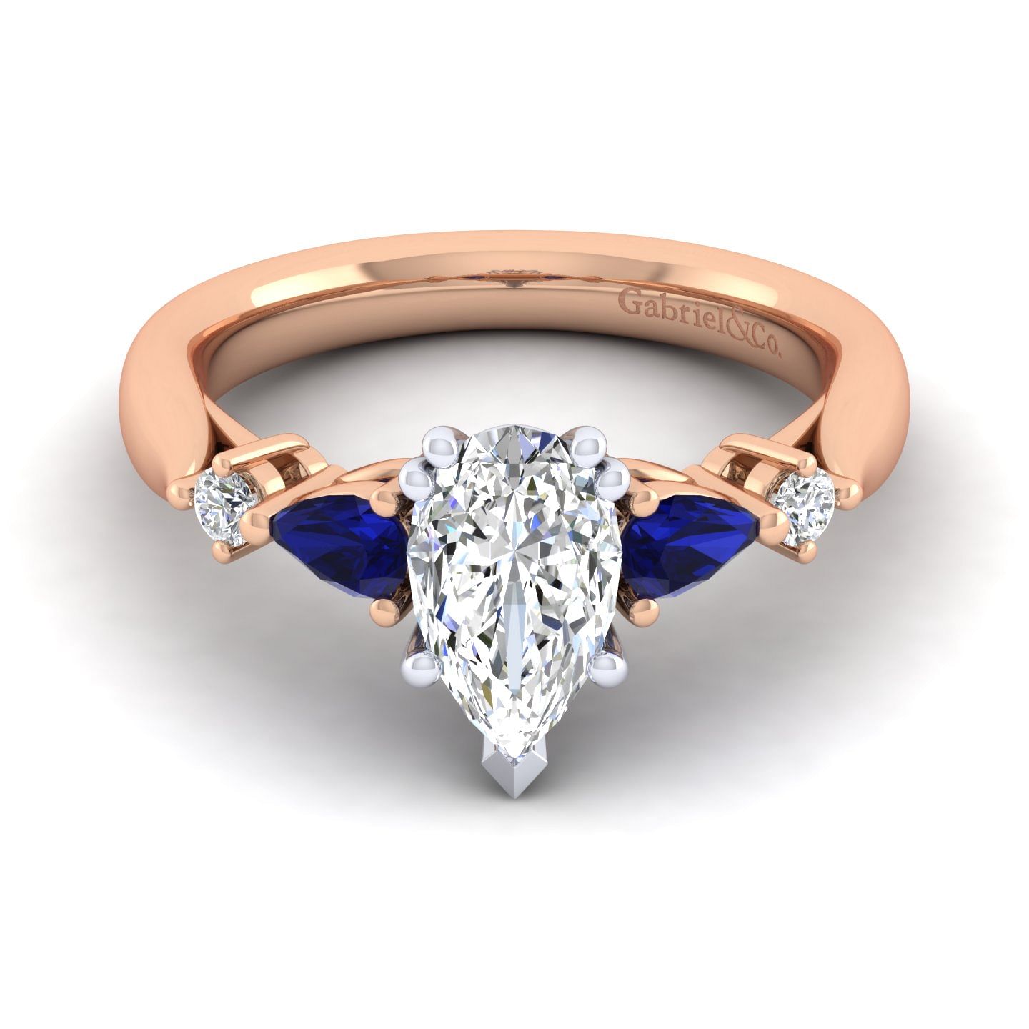 14K White-Rose Gold Pear Shape Five Stone Sapphire and Diamond Engagement Ring