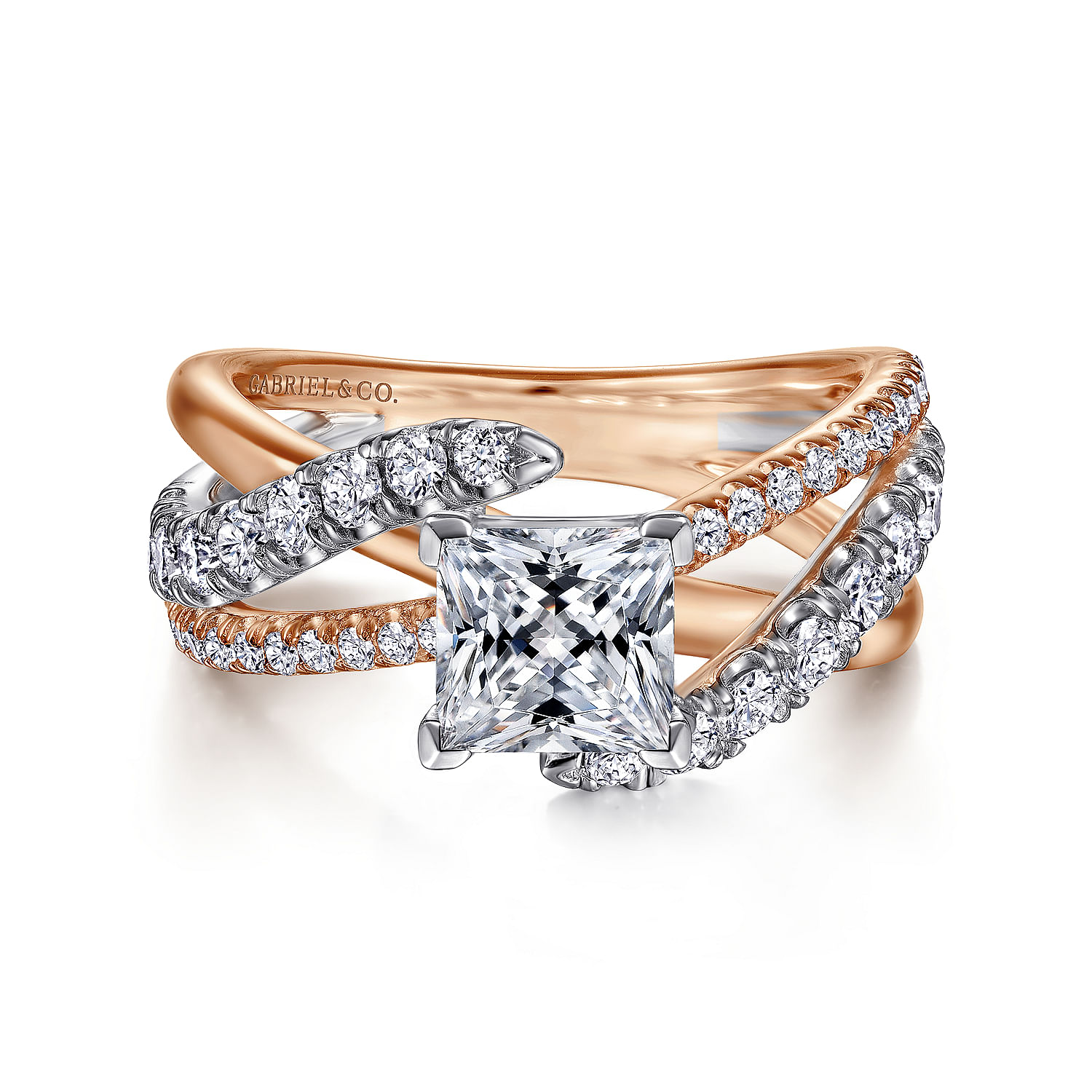 14K White-Rose Gold Princess Cut Free Form Diamond Engagement Ring