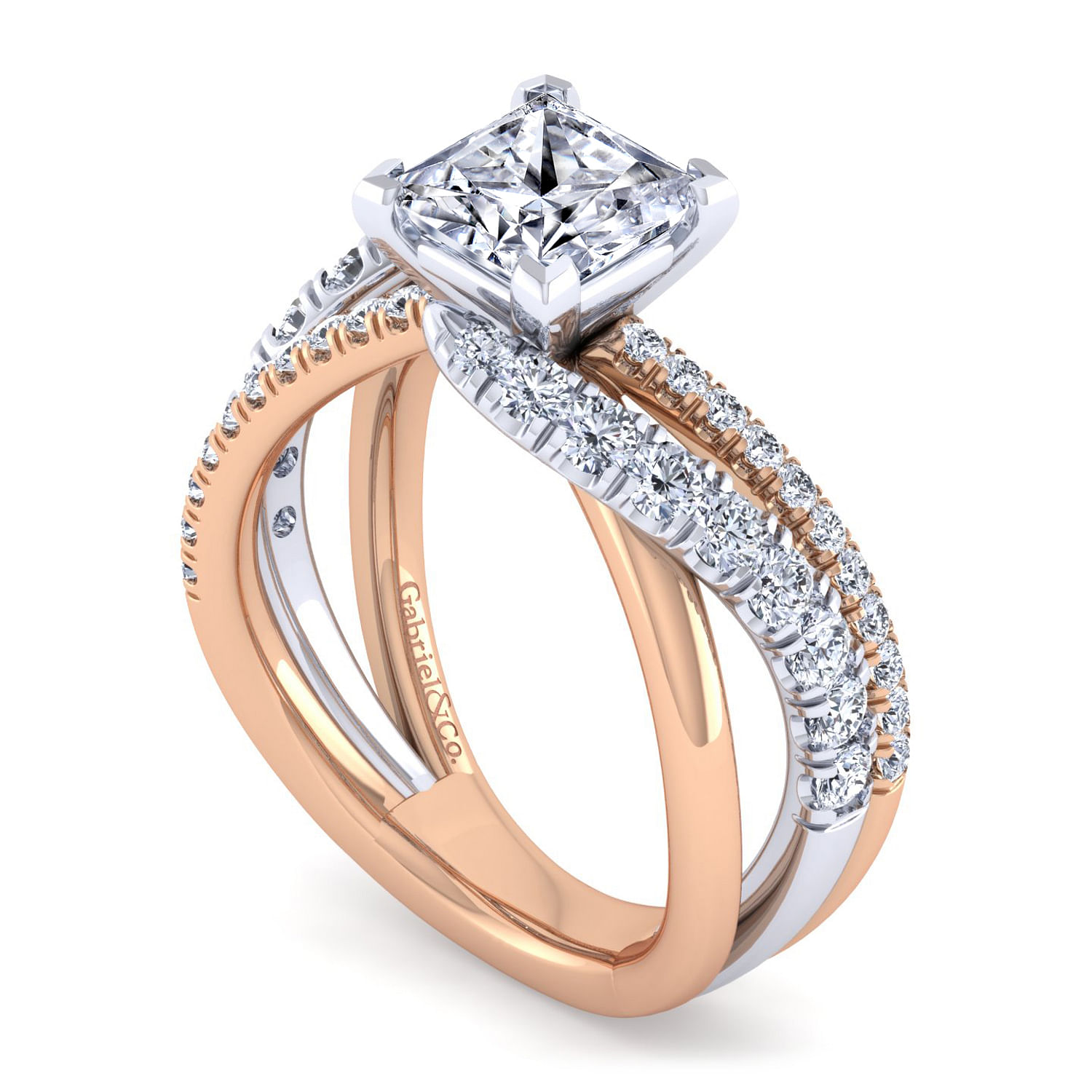 14K White-Rose Gold Princess Cut Free Form Diamond Engagement Ring