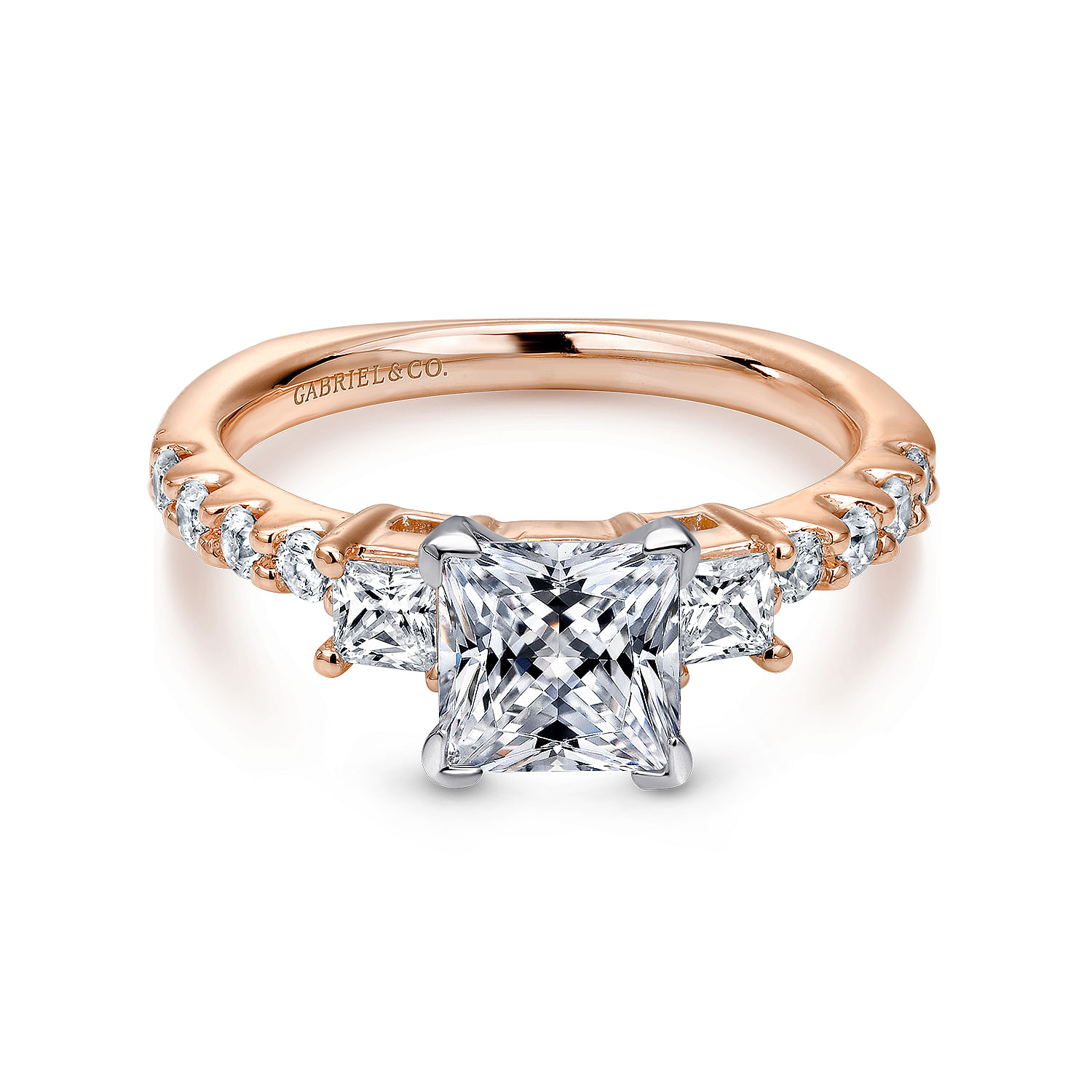 14K White-Rose Gold Princess Cut Three Stone Diamond Engagement Ring