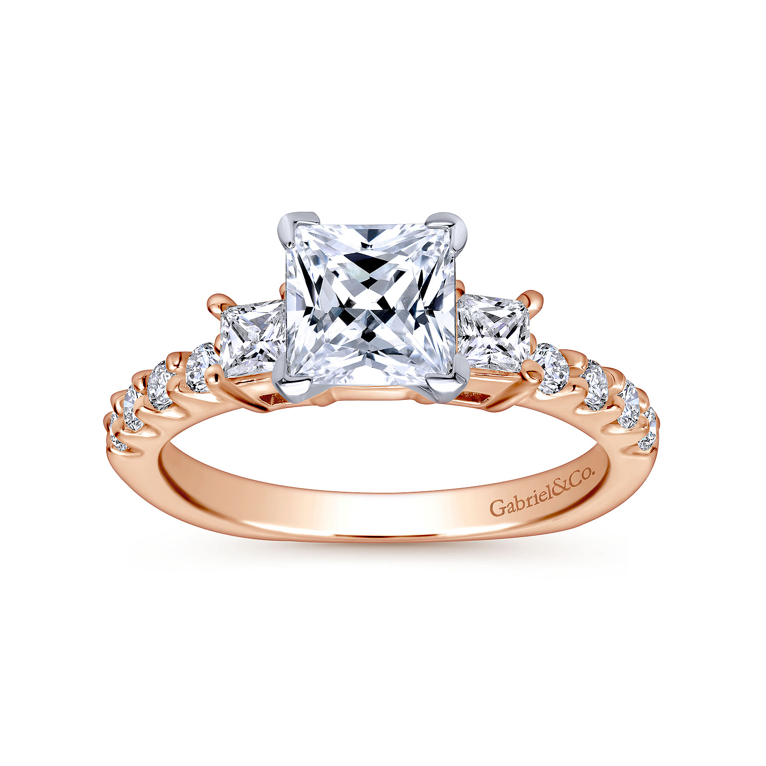 14K White-Rose Gold Princess Cut Three Stone Diamond Engagement Ring