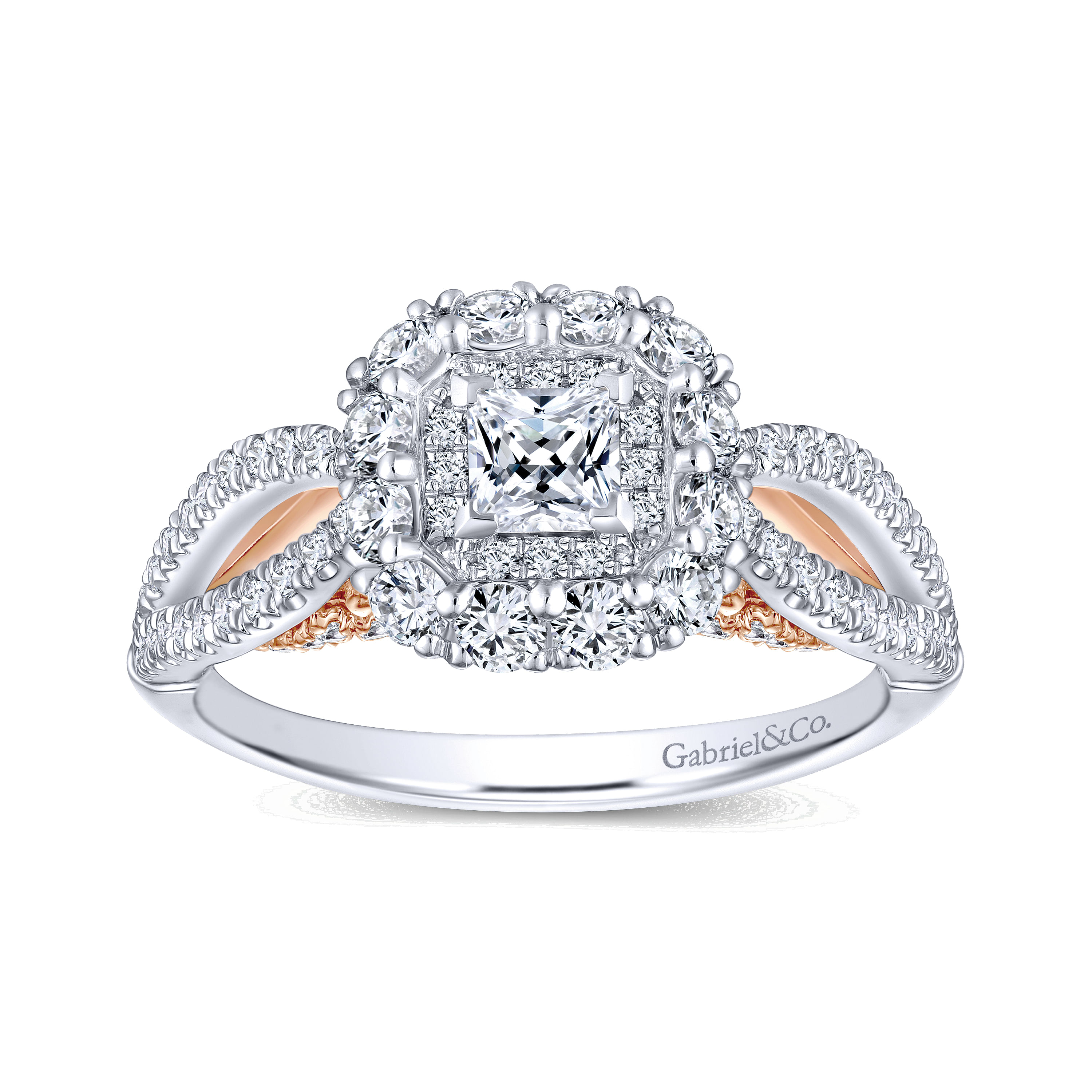 14K White-Rose Gold Princess Double Halo Complete Diamond Engagement Ring
