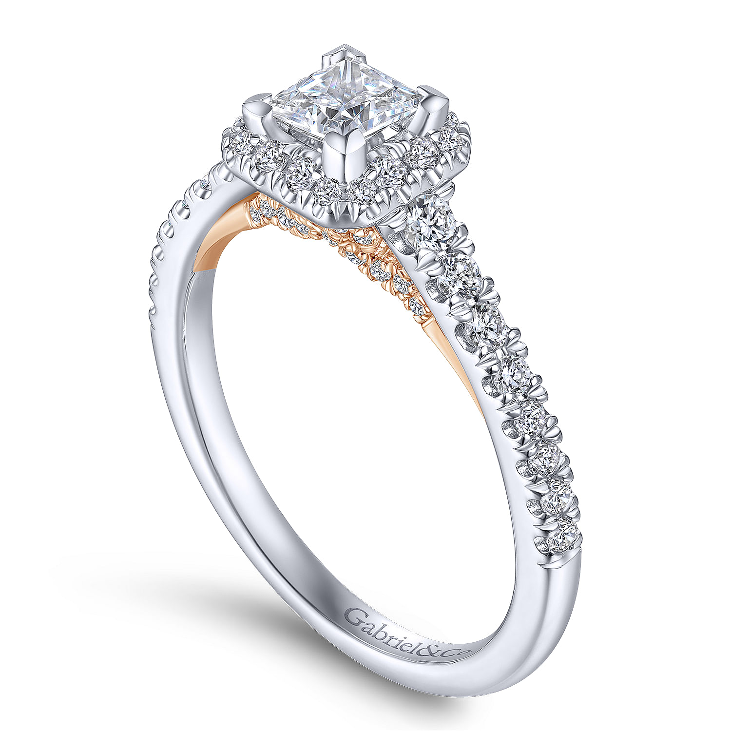 14K White-Rose Gold Princess Halo Complete Diamond Engagement Ring