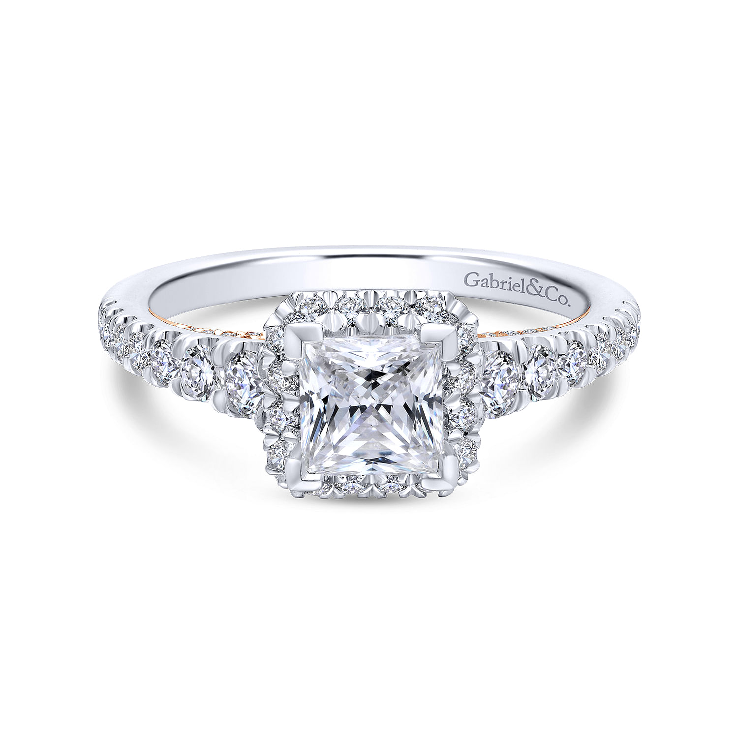 14K White-Rose Gold Princess Halo Diamond Engagement Ring
