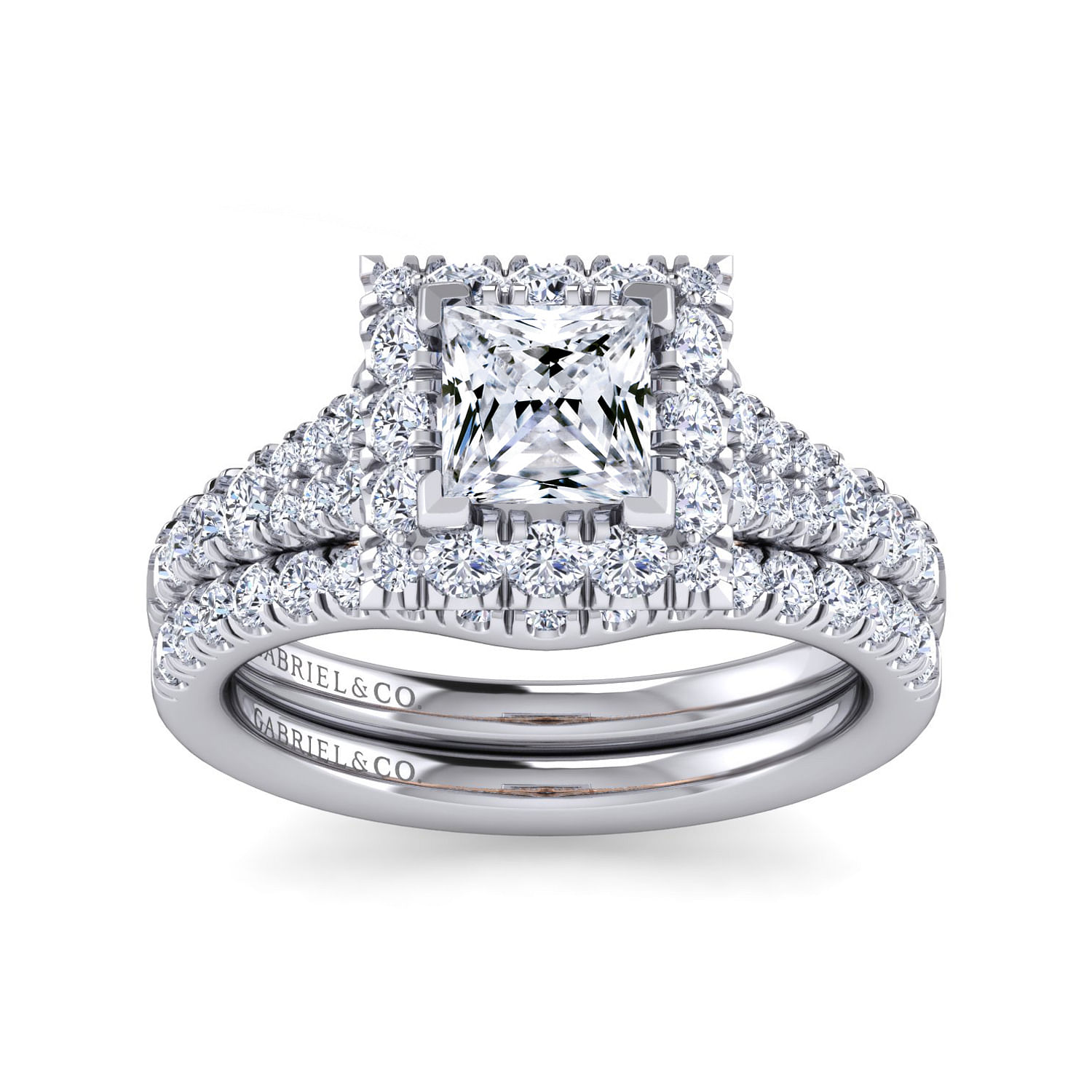 14K White-Rose Gold Princess Halo Diamond Engagement Ring